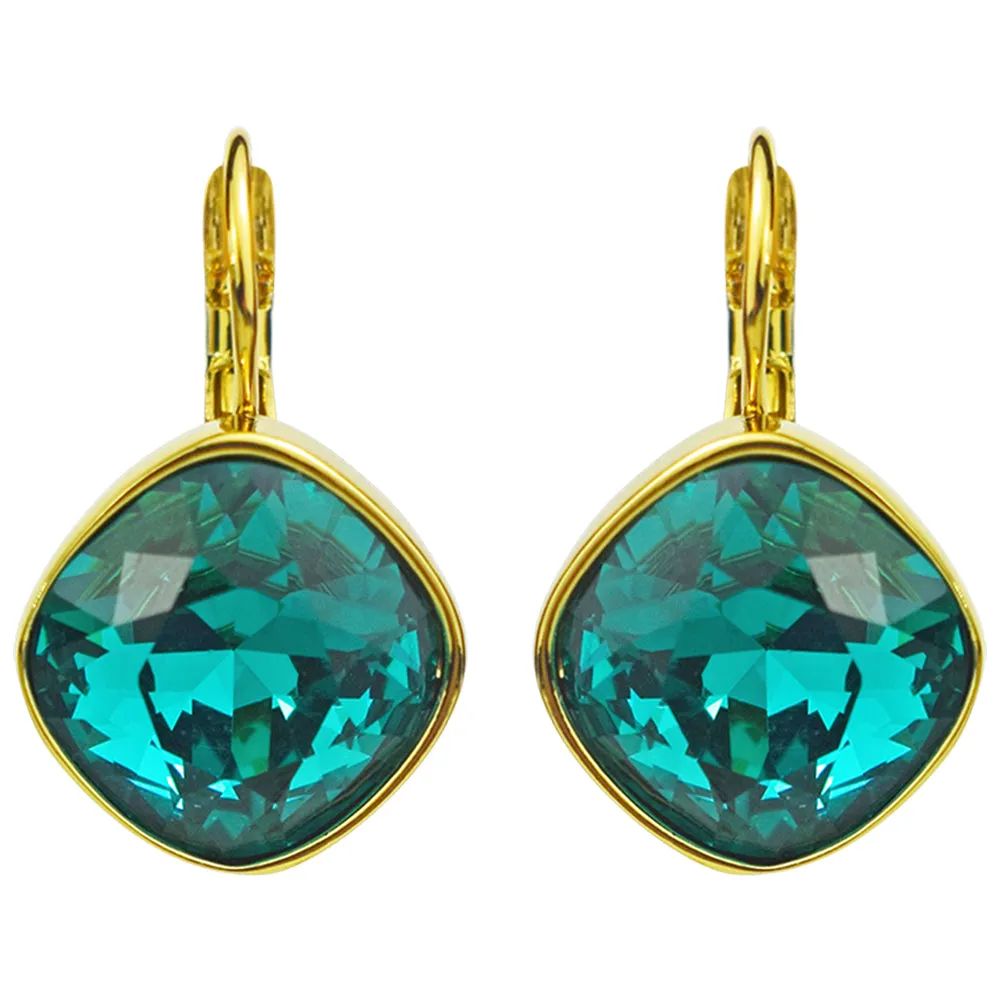 Cushion Cut 12mm Leverback Earrings (Goldtone/Teal)