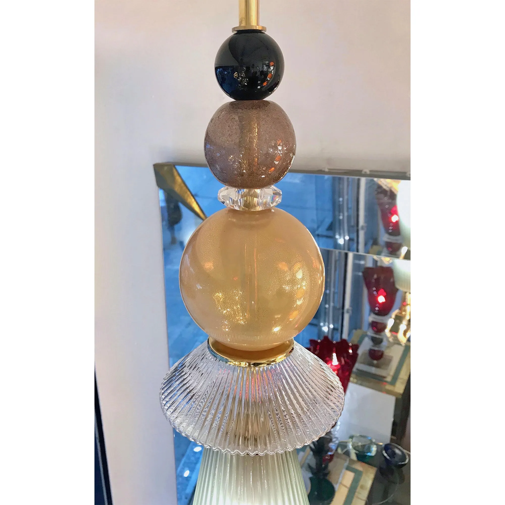 Custom Italian Crystal Gold and Gray Green Murano Glass Brass Pendant Light