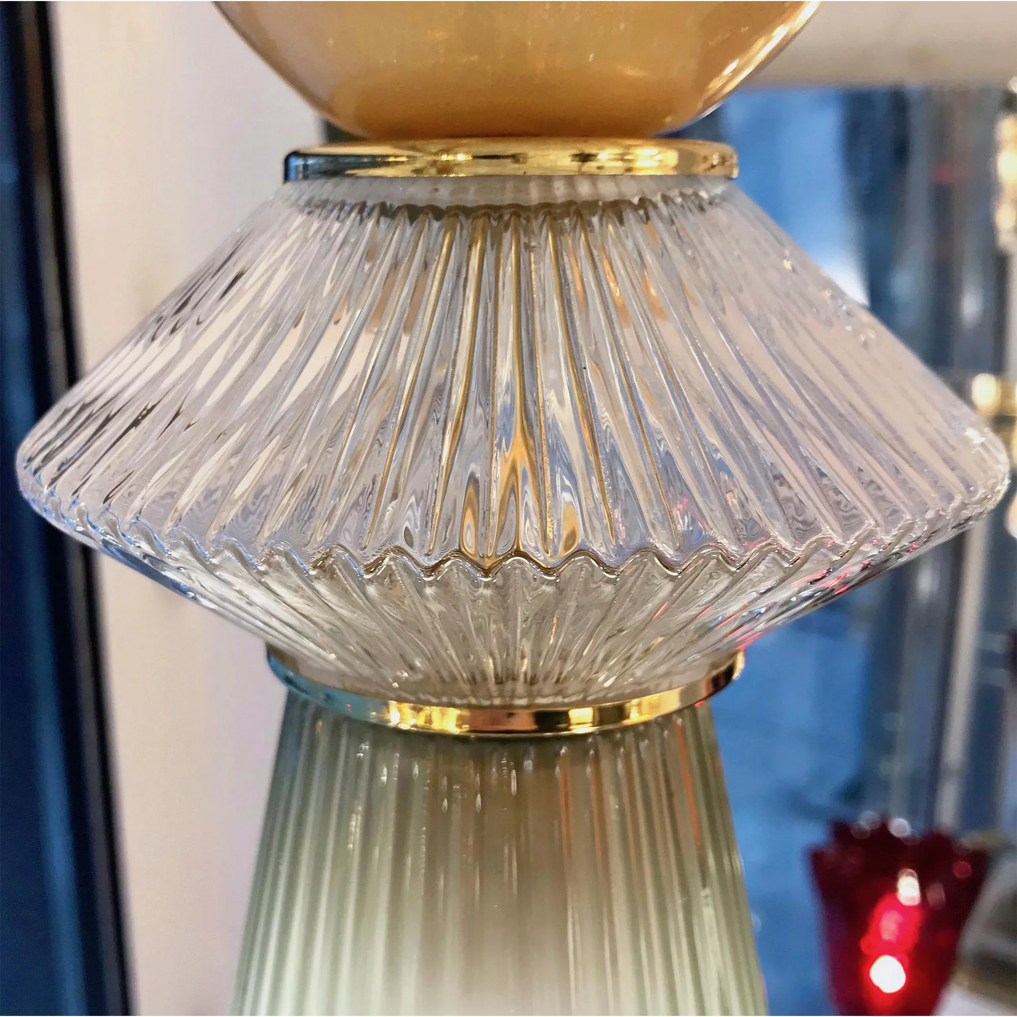 Custom Italian Crystal Gold and Gray Green Murano Glass Brass Pendant Light