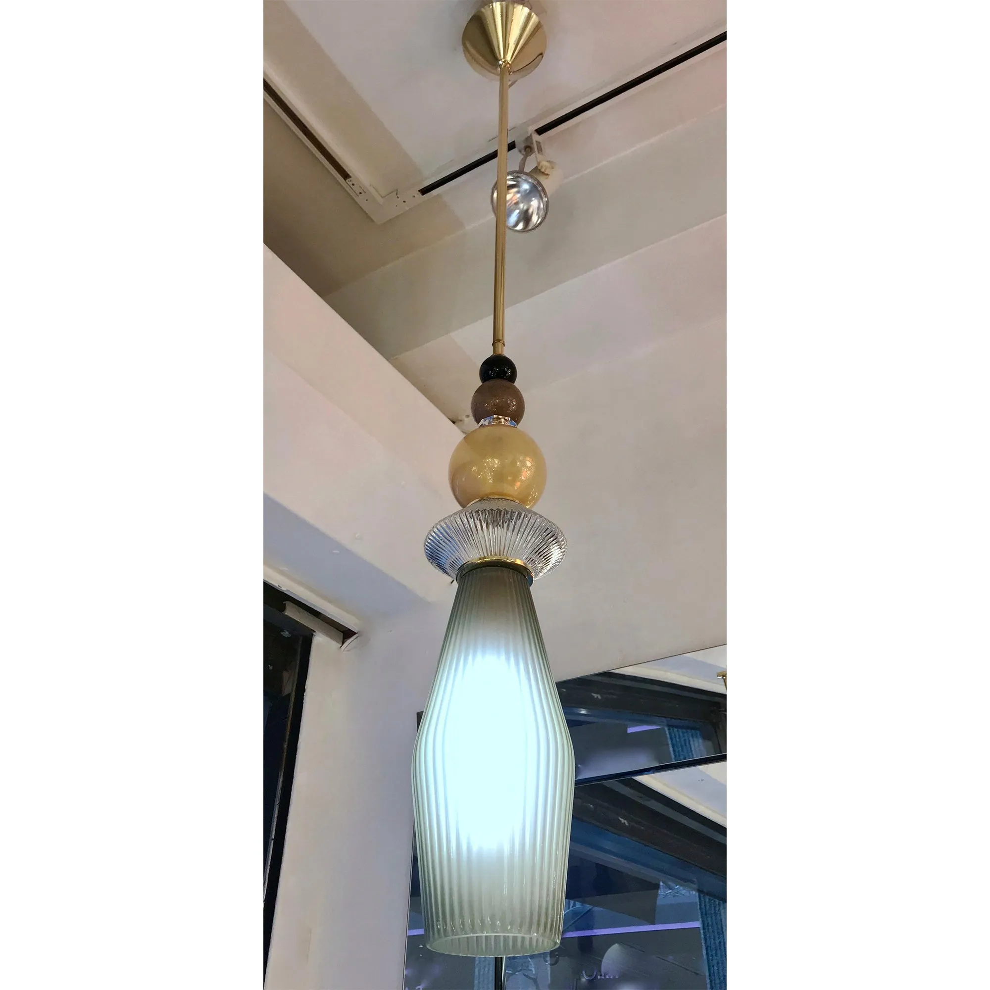 Custom Italian Crystal Gold and Gray Green Murano Glass Brass Pendant Light