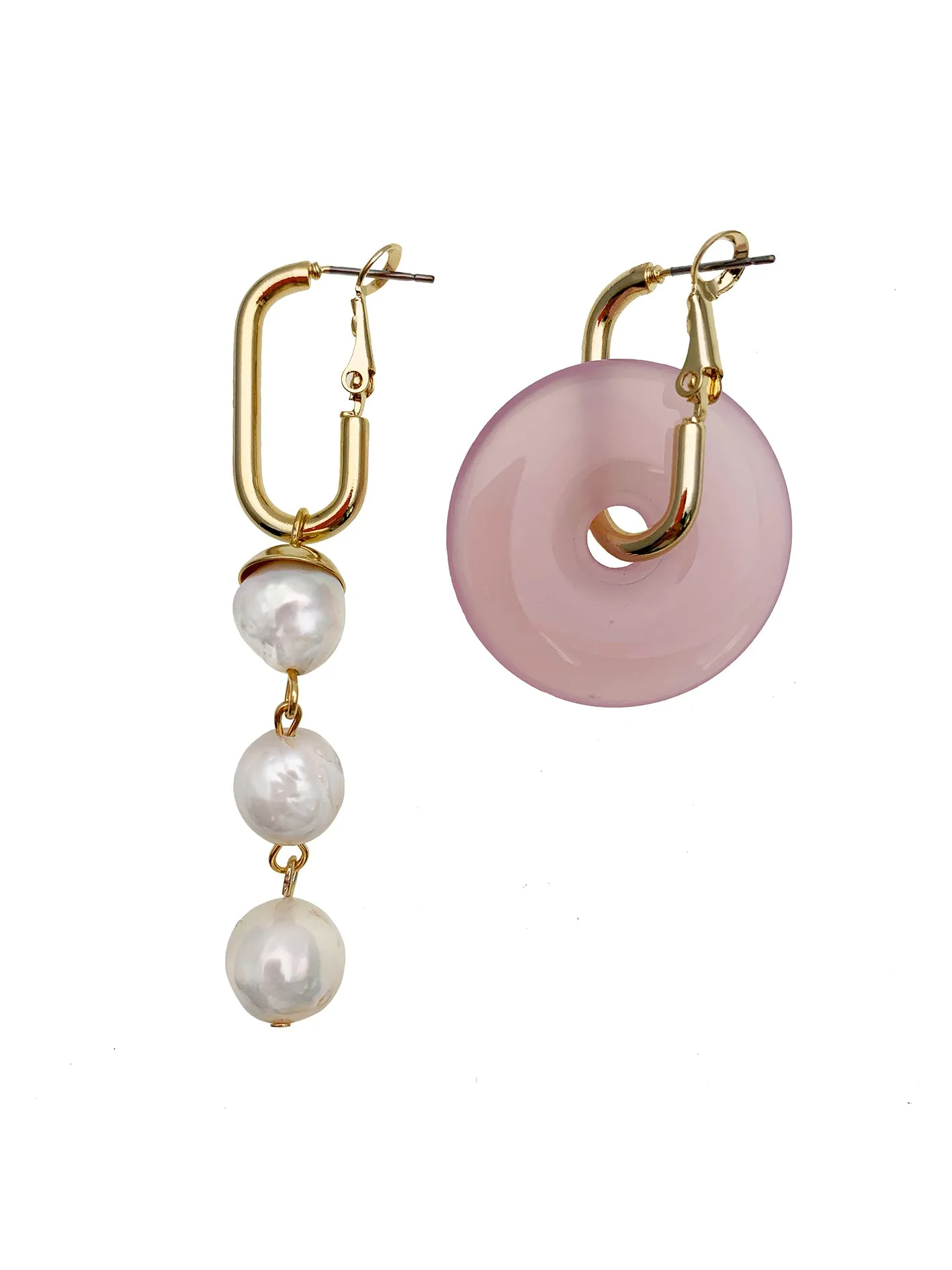 Donut Rose quartz with Freshwater Pearls Asymmetric Earrings EE030