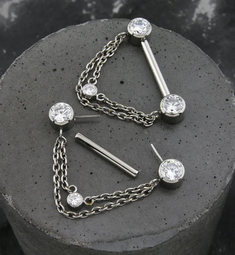 Double Dangle Chain Clear CZ Titanium Threadless Nipple Barbell