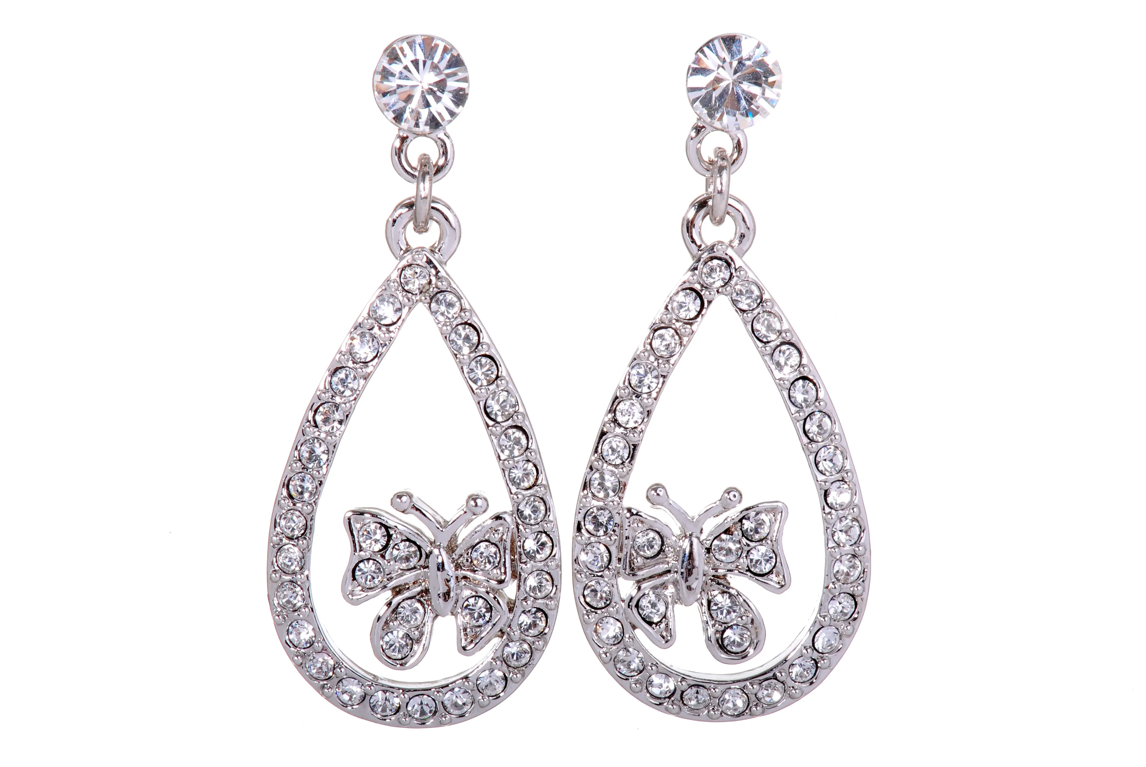 E7126 Intricate Butterfly In Loop Rhodium Plated Swarovski Element Crystal Earrings