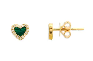 Earrings 14kt Gold Hearts Malachite & Diamonds Studs