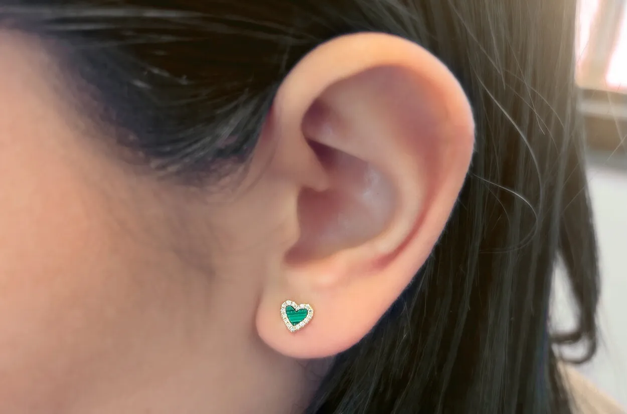 Earrings 14kt Gold Hearts Malachite & Diamonds Studs