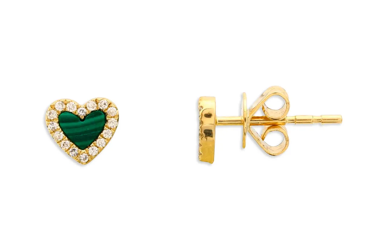 Earrings 14kt Gold Hearts Malachite & Diamonds Studs