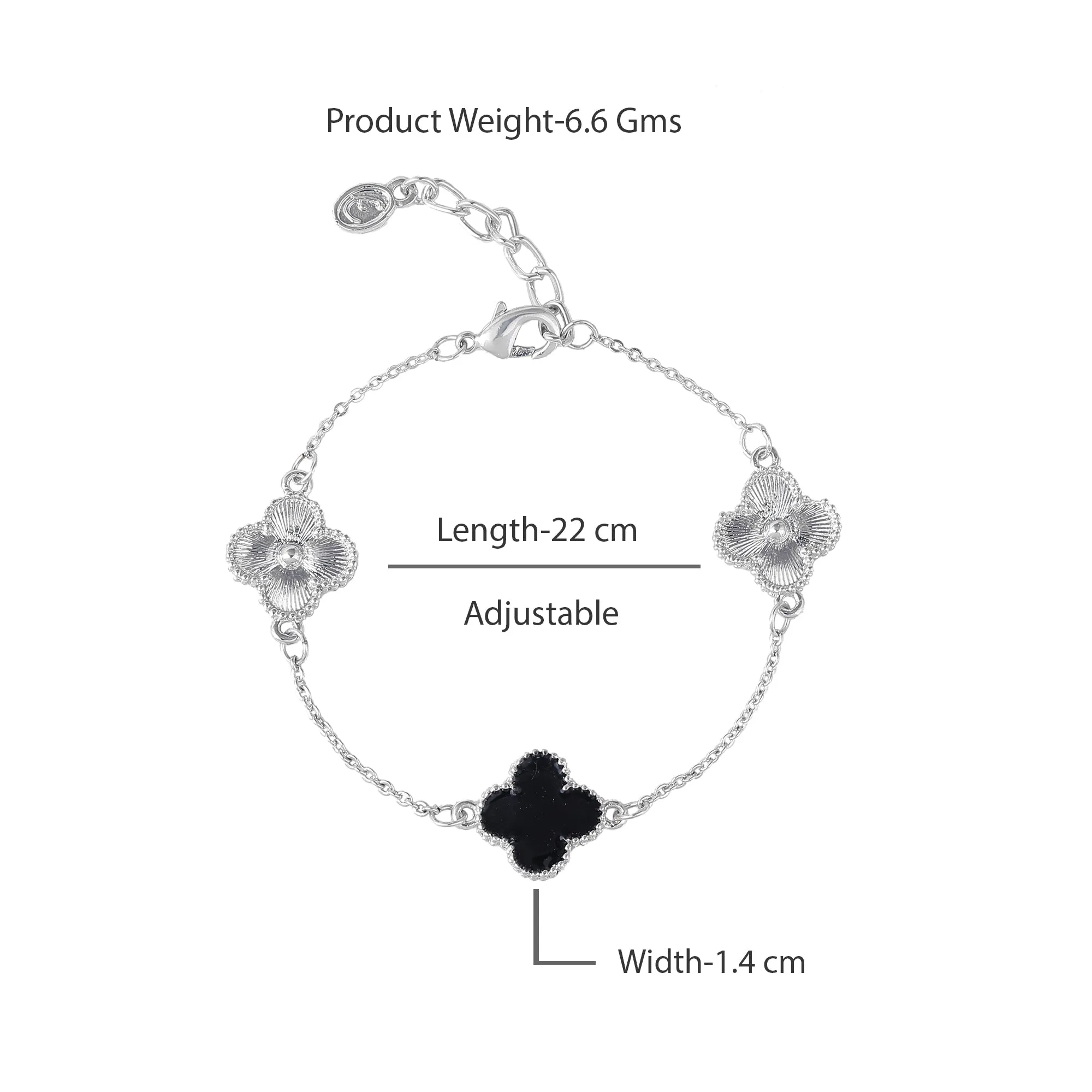 Estele Rhodium Plated Fancy & Stylish Black Clover Leaf Designer Adjustable Charm Bracelet for Girls and Women