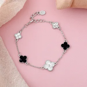 Estele Rhodium Plated Trendy & Stylish Black Clover Leaf Designer Adjustable Charm Bracelet for Girls and Women