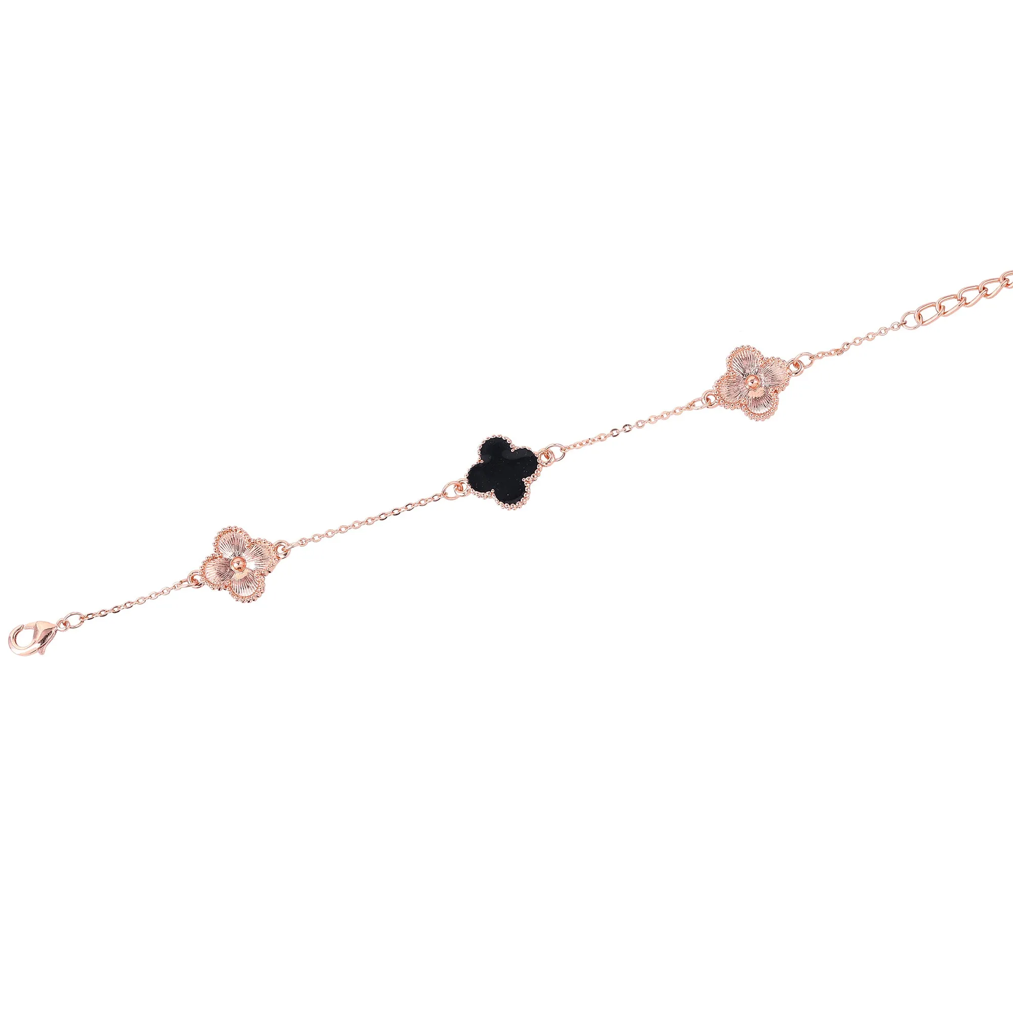 Estele Rosegold Plated Splendid Black Clover Leaf Designer Adjustable Charm Bracelet for Girls and Women