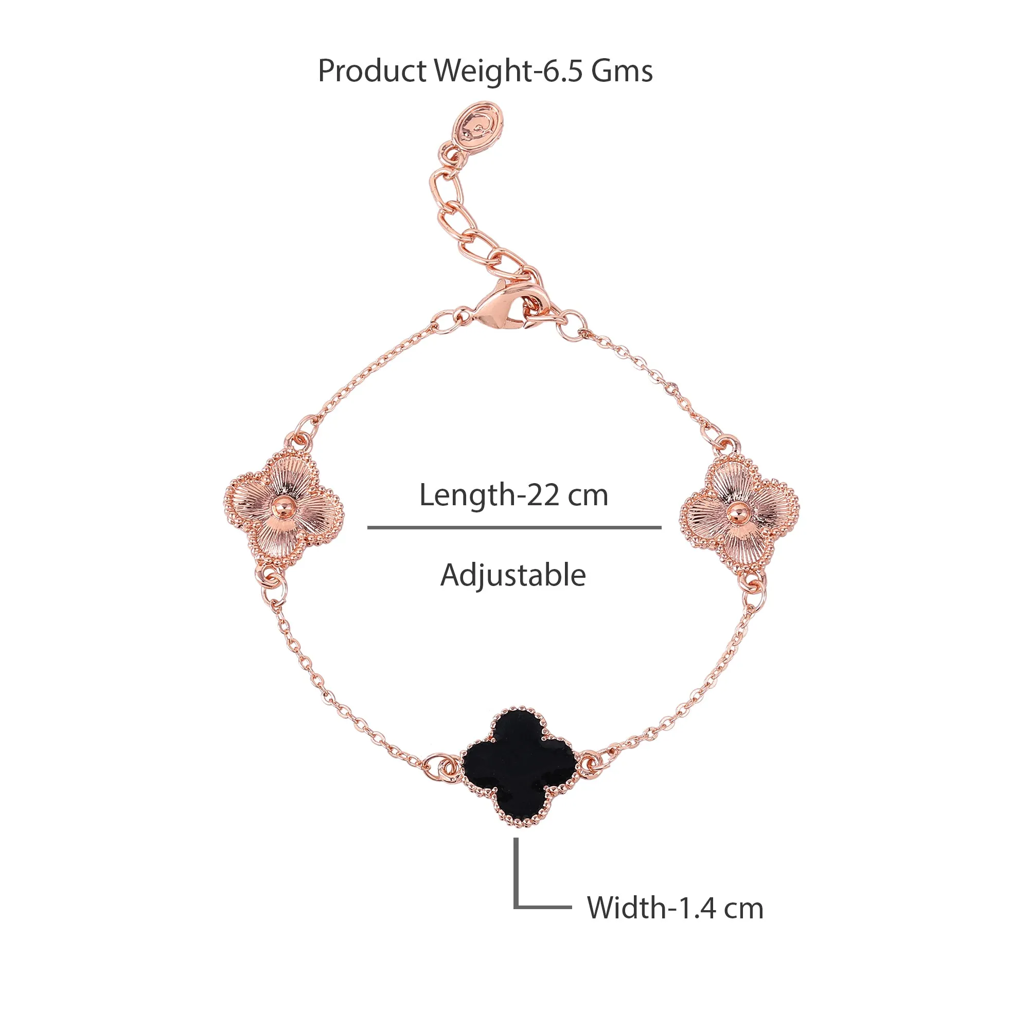 Estele Rosegold Plated Splendid Black Clover Leaf Designer Adjustable Charm Bracelet for Girls and Women