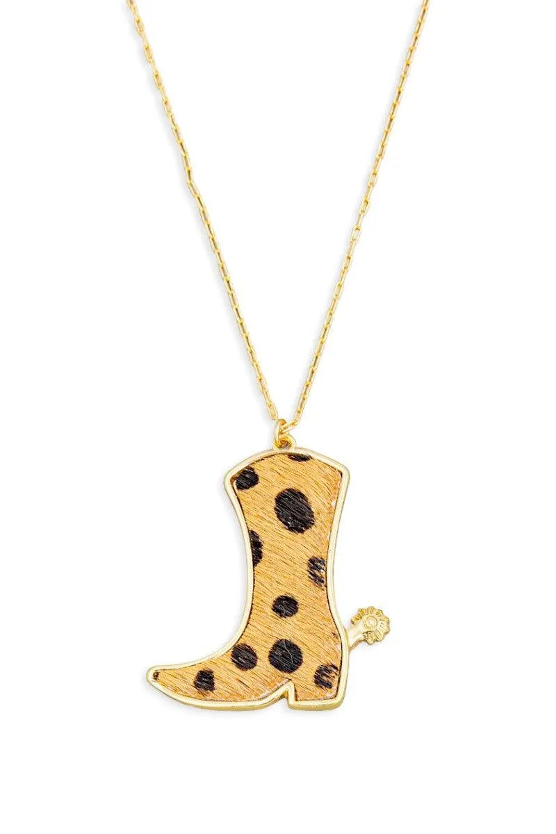 Faux Leather Leopard Cowboy Boot Pendant Necklace