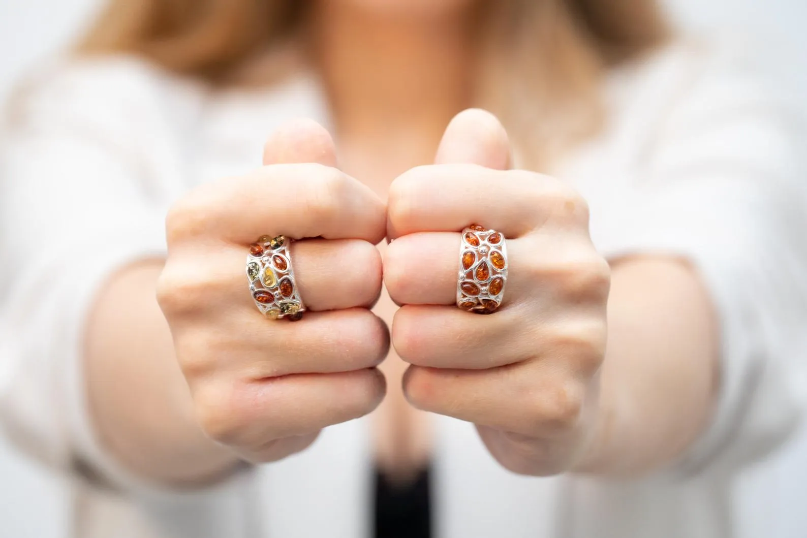 Floral Multicolour Amber Cuff Ring - Sterling Silver Jewelry