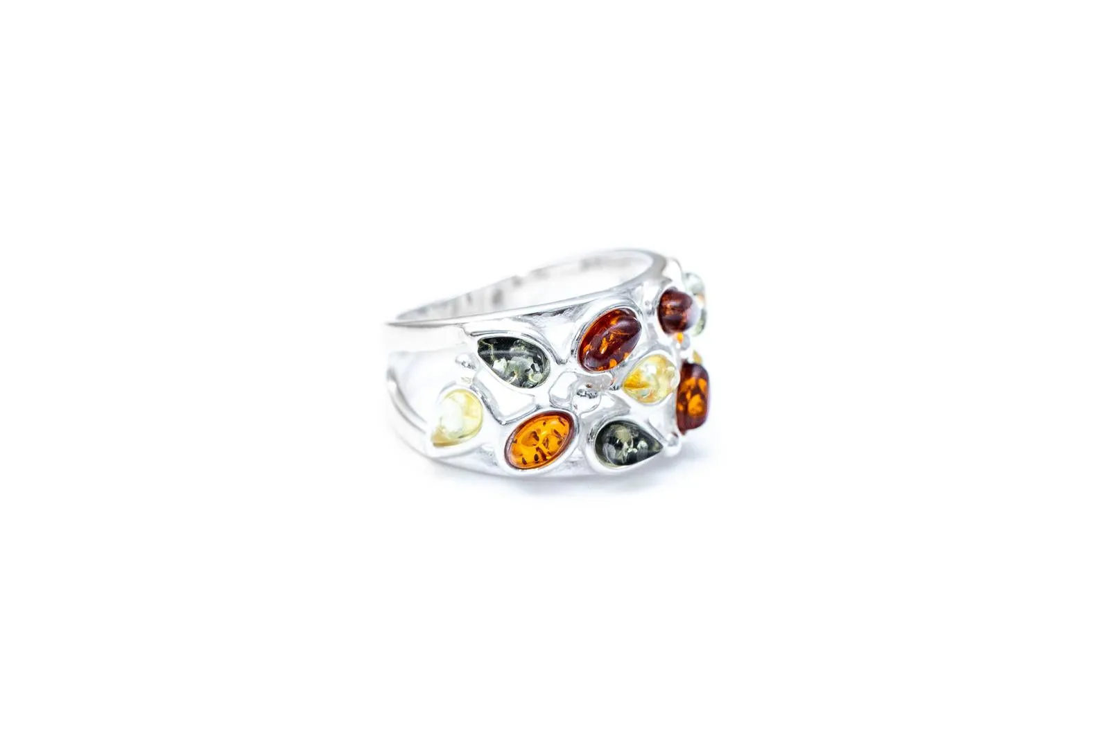 Floral Multicolour Amber Cuff Ring - Sterling Silver Jewelry