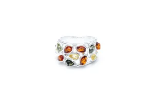 Floral Multicolour Amber Cuff Ring - Sterling Silver Jewelry