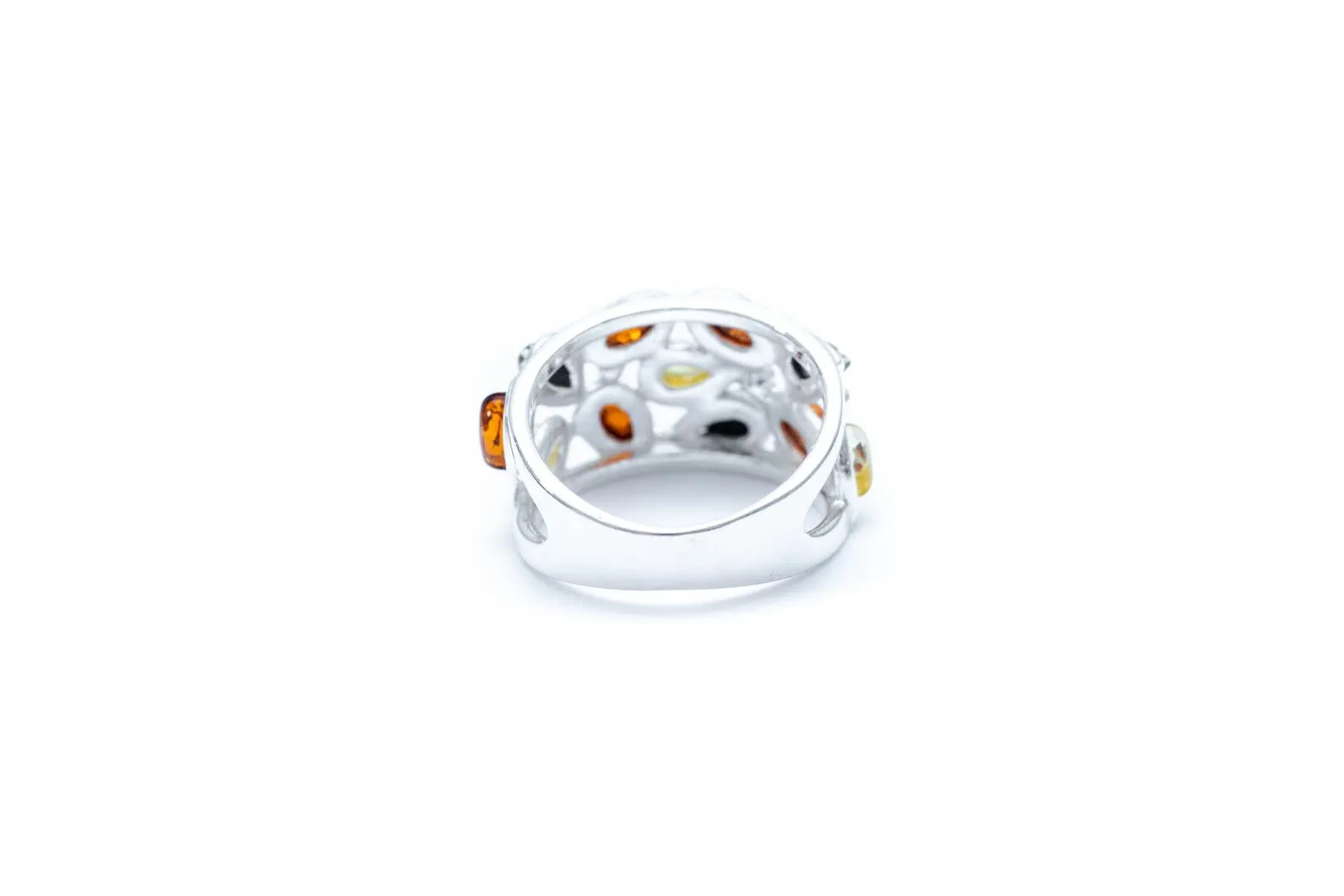 Floral Multicolour Amber Cuff Ring - Sterling Silver Jewelry