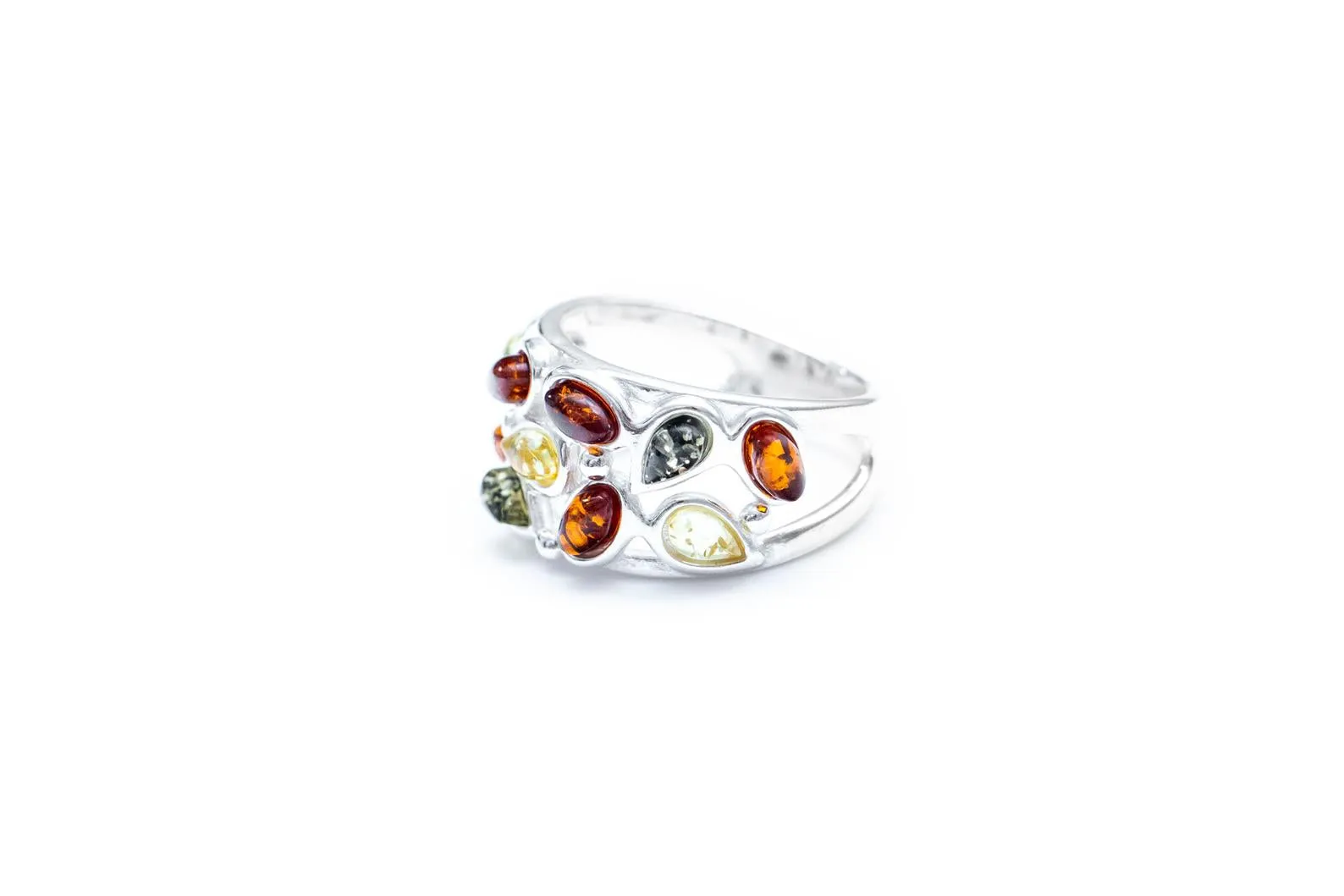 Floral Multicolour Amber Cuff Ring - Sterling Silver Jewelry