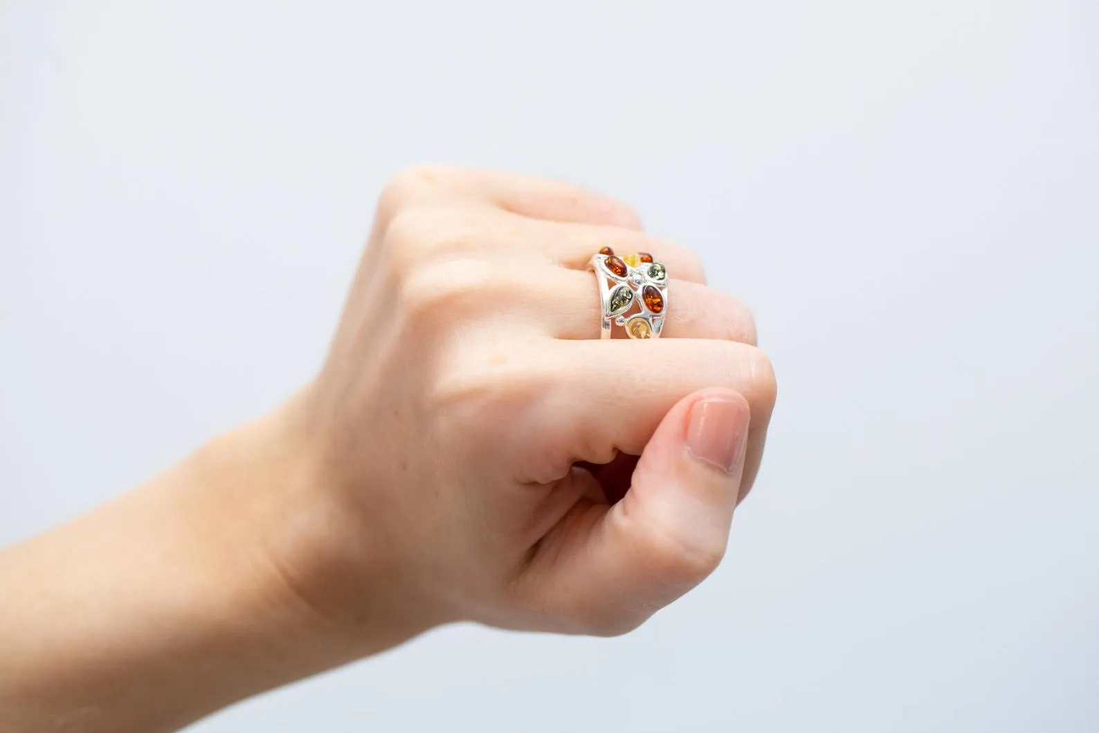 Floral Multicolour Amber Cuff Ring - Sterling Silver Jewelry