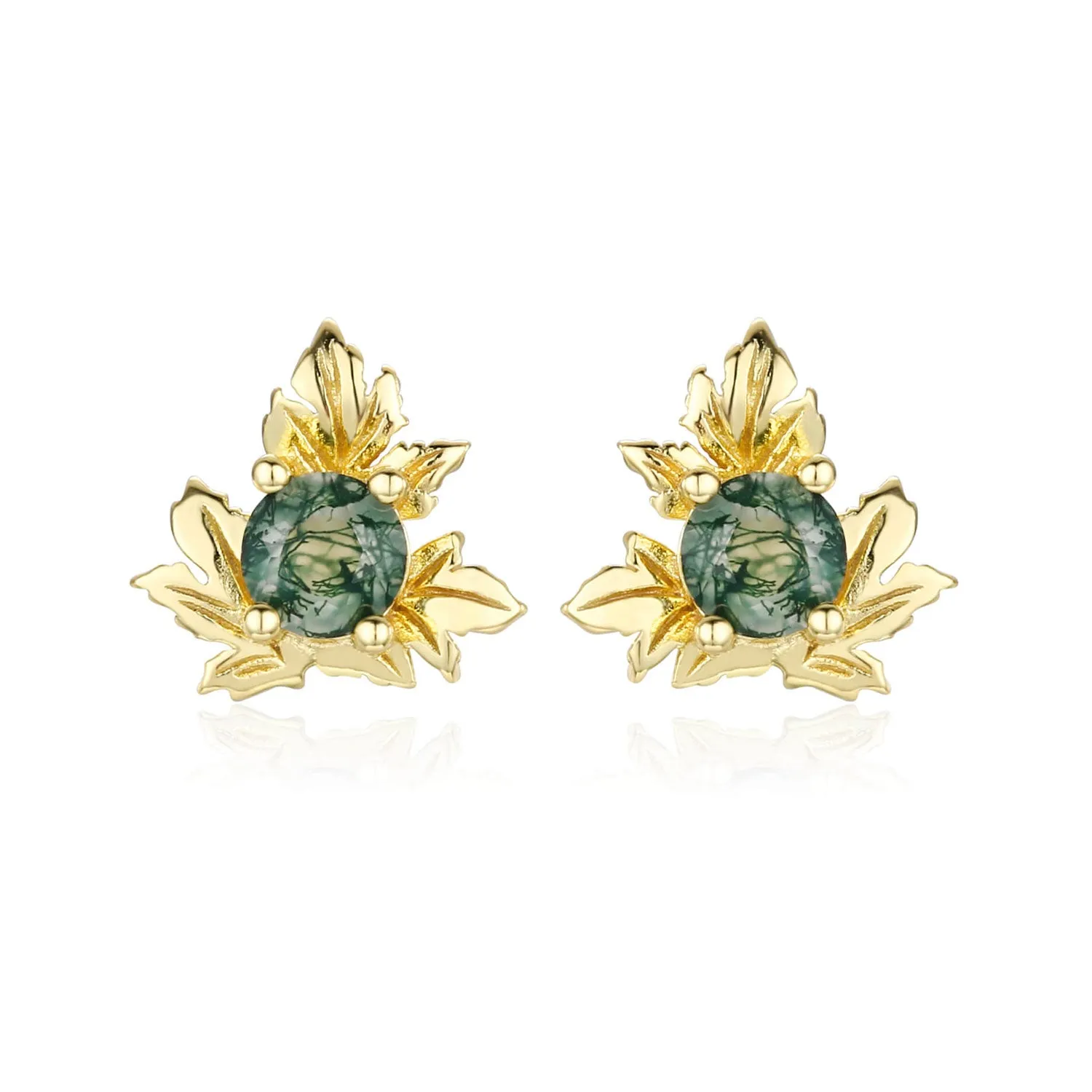 Frosted Fern Moss Agate Studs (Yellow Gold)