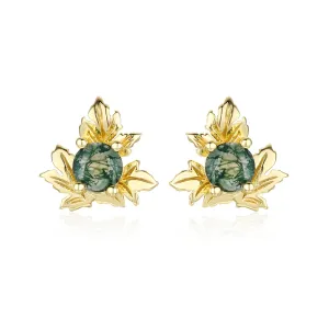 Frosted Fern Moss Agate Studs (Yellow Gold)