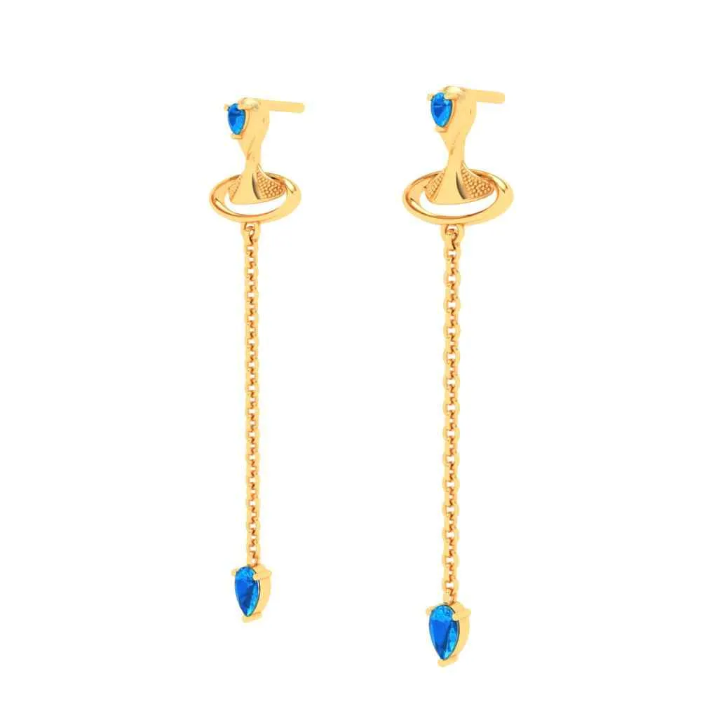 Gold Earrings With Blue Gems & Artsy Whirl Shape From Goldlites Collection