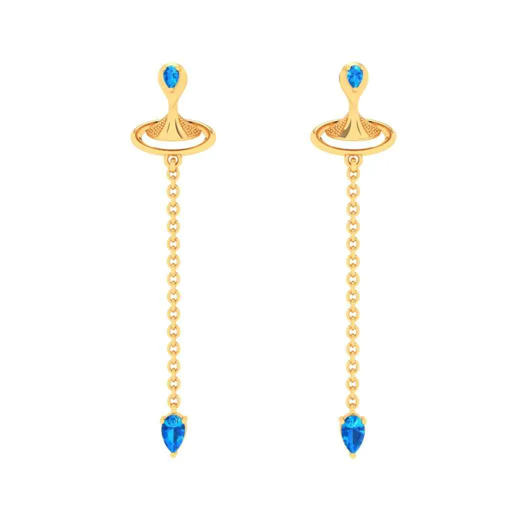 Gold Earrings With Blue Gems & Artsy Whirl Shape From Goldlites Collection