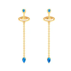 Gold Earrings With Blue Gems & Artsy Whirl Shape From Goldlites Collection