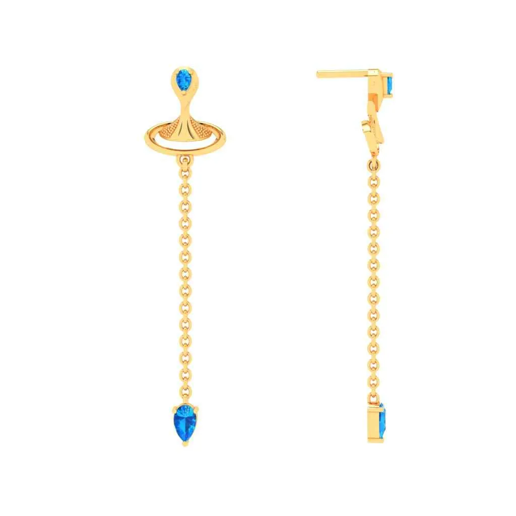 Gold Earrings With Blue Gems & Artsy Whirl Shape From Goldlites Collection