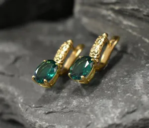 Gold Emerald Earrings - Long Green Earrings, Drop Emerald Earrings