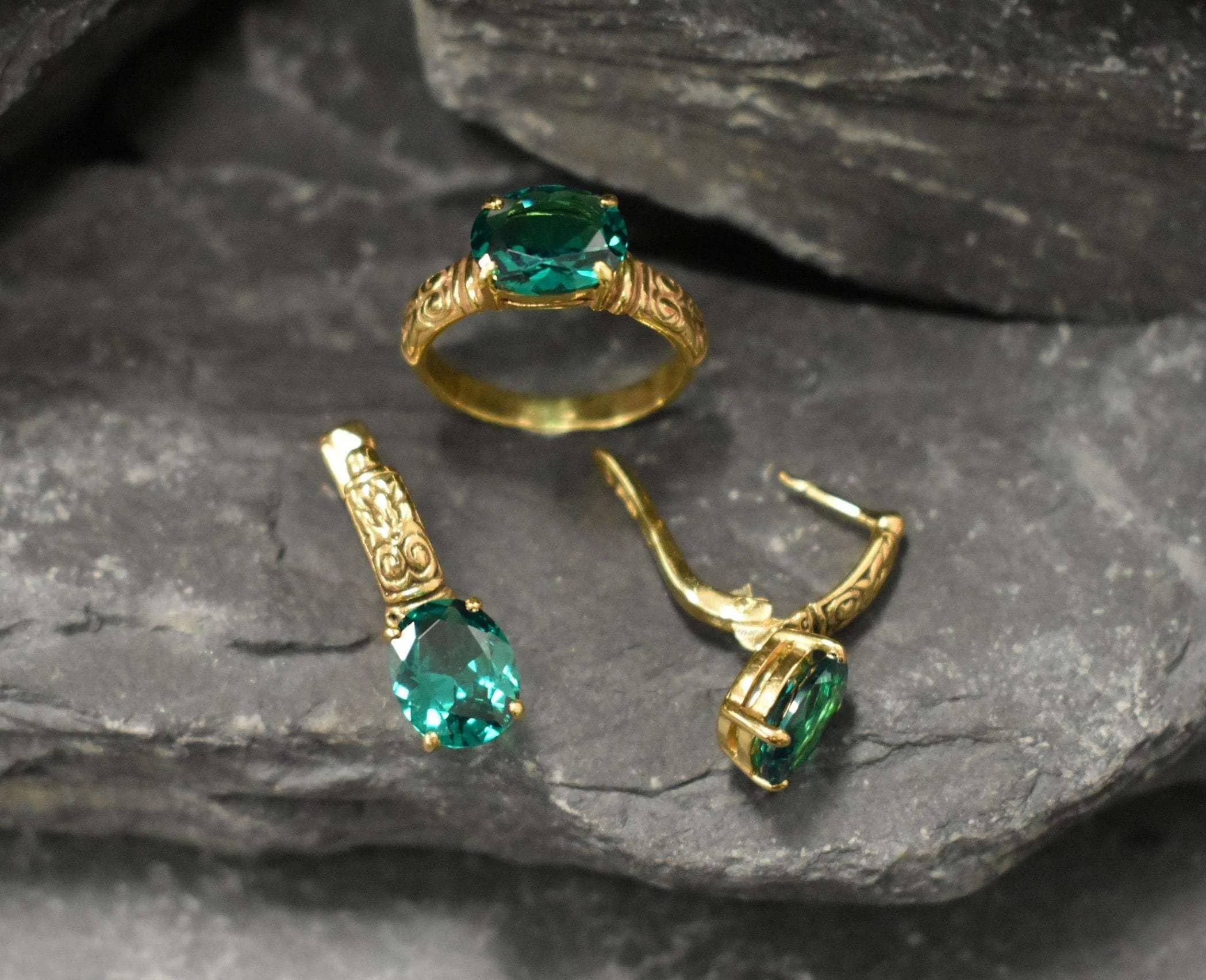 Gold Emerald Earrings - Long Green Earrings, Drop Emerald Earrings