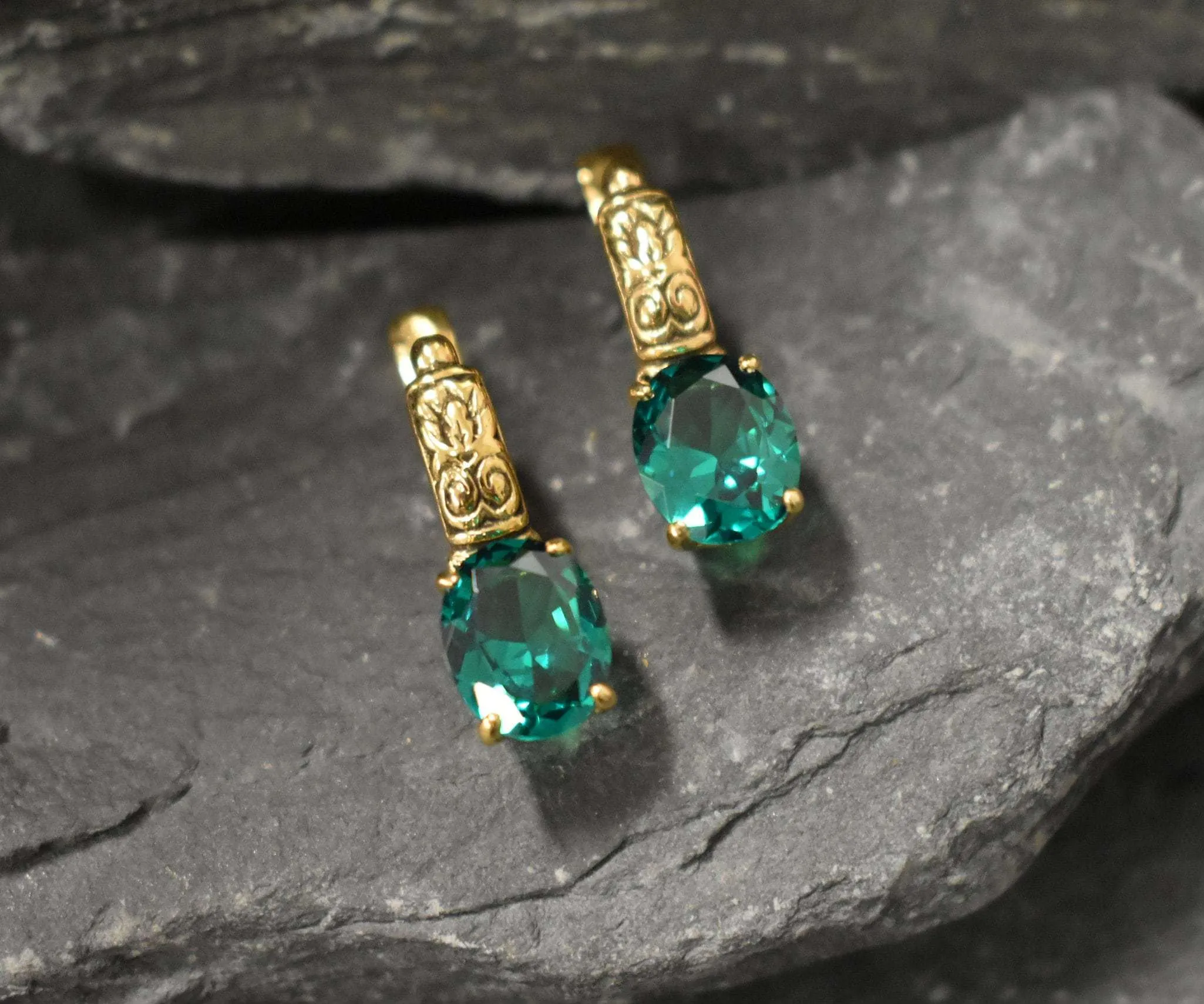 Gold Emerald Earrings - Long Green Earrings, Drop Emerald Earrings