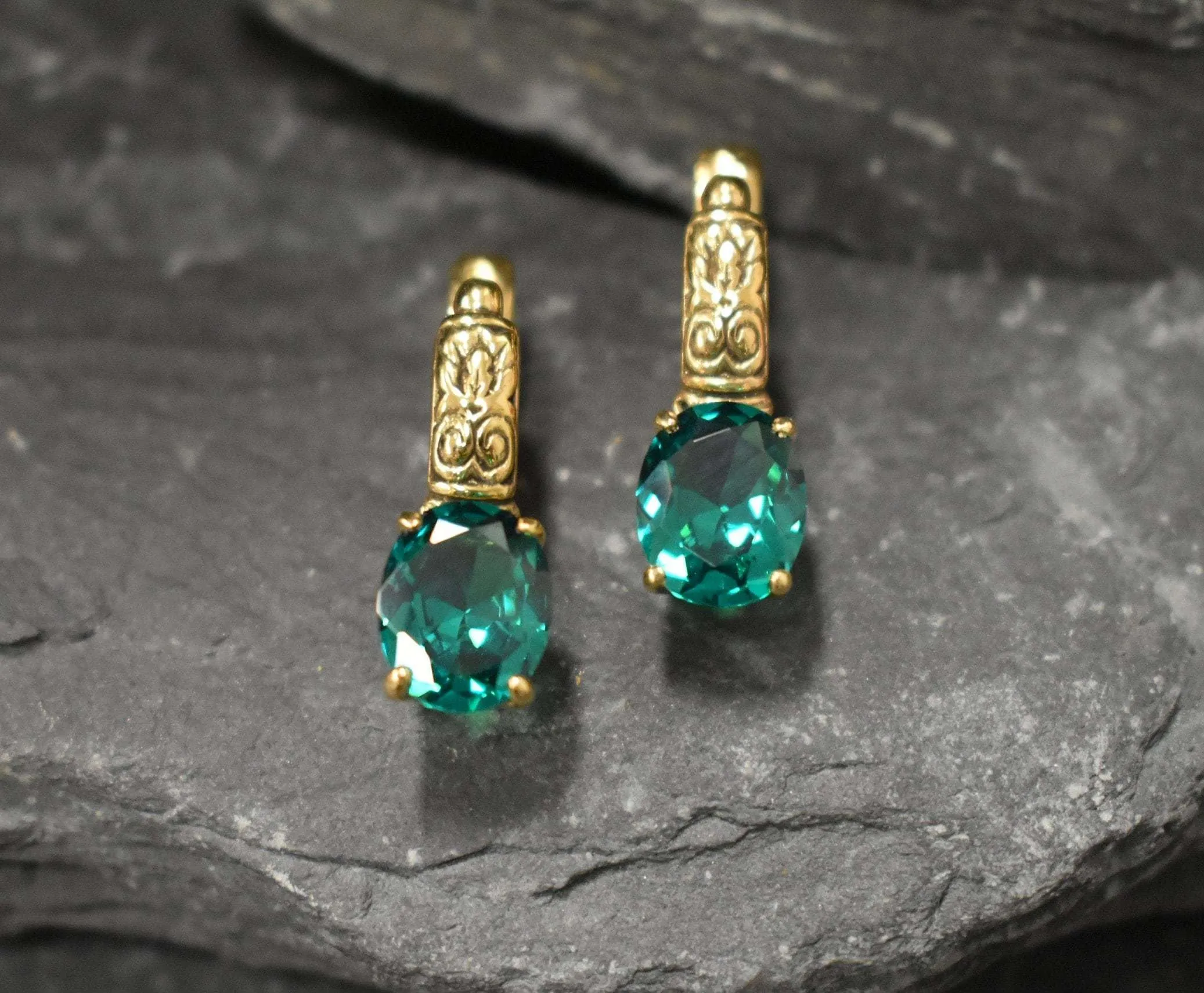 Gold Emerald Earrings - Long Green Earrings, Drop Emerald Earrings