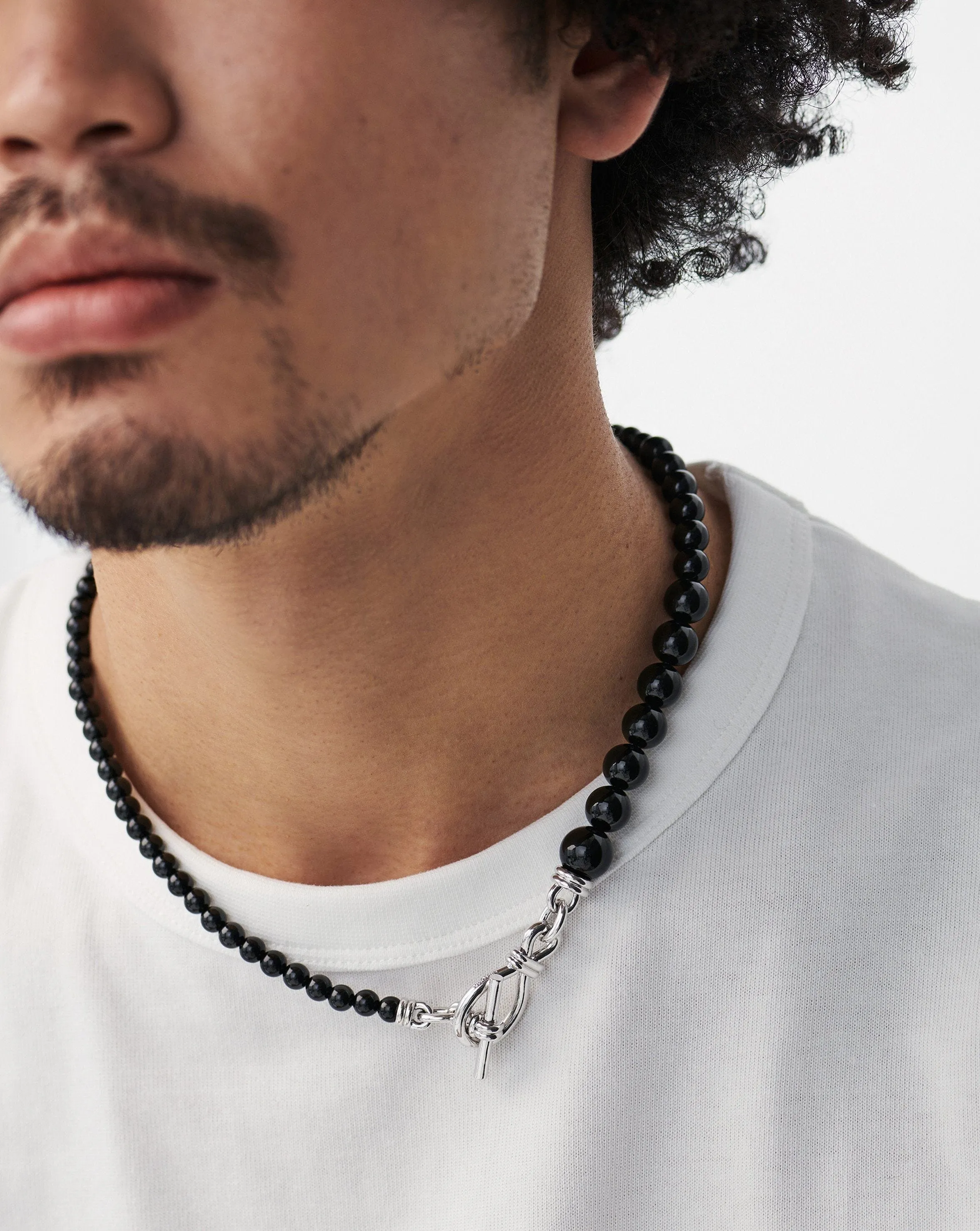 Graduated Sphere T-Bar Necklace | Silver Plated/Black Onyx