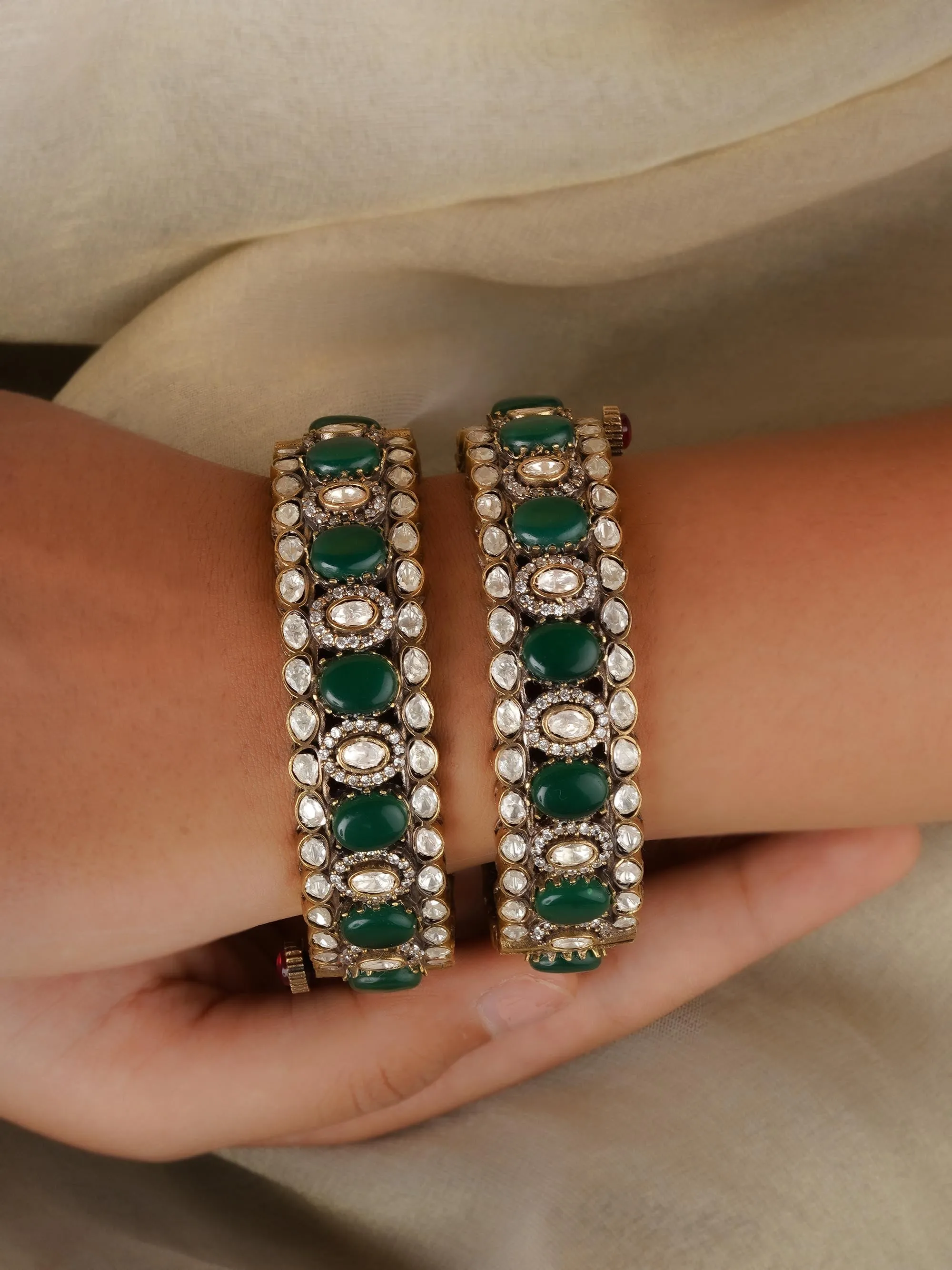 Green Color Faux Polki Bangles - PK-BAN2WGR