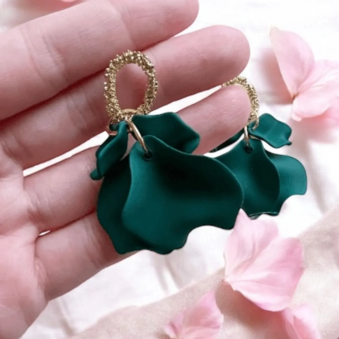 Green - Dark green matte flower earrings |dangly earrings | frosted petals hoop statement earrings | unique gold geometric floral earrings