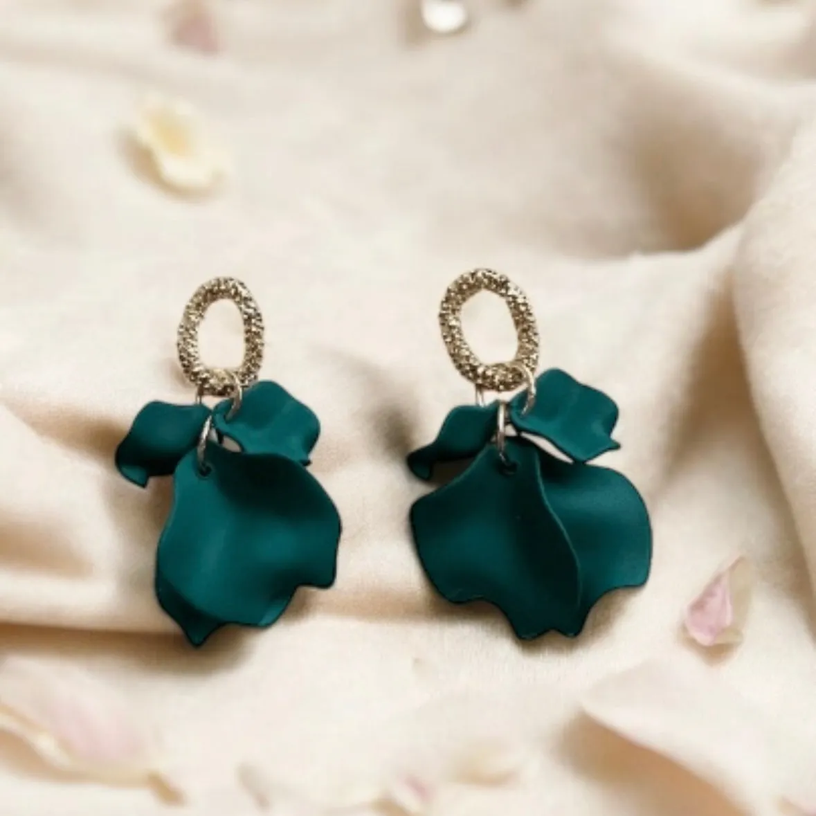 Green - Dark green matte flower earrings |dangly earrings | frosted petals hoop statement earrings | unique gold geometric floral earrings