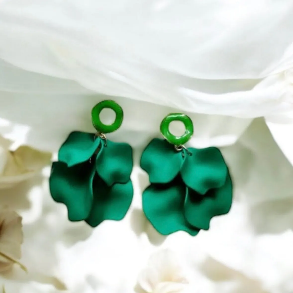 Green - leaf green flower earrings | dangle petals statement earrings | unique golden bar floral earrings | bridal party wedding earrings