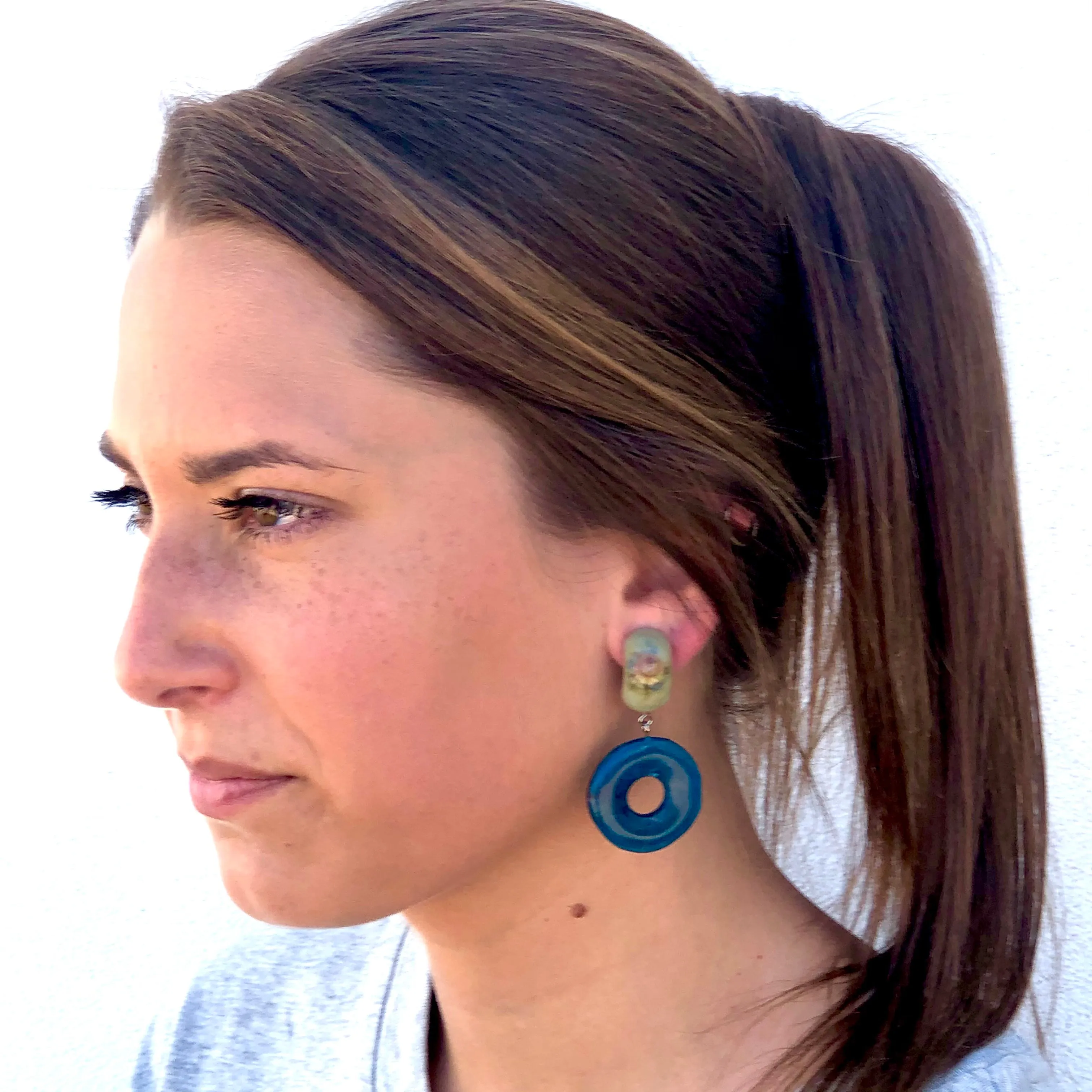 Grey & Peacock Flower Garden Donut Drop Earrings