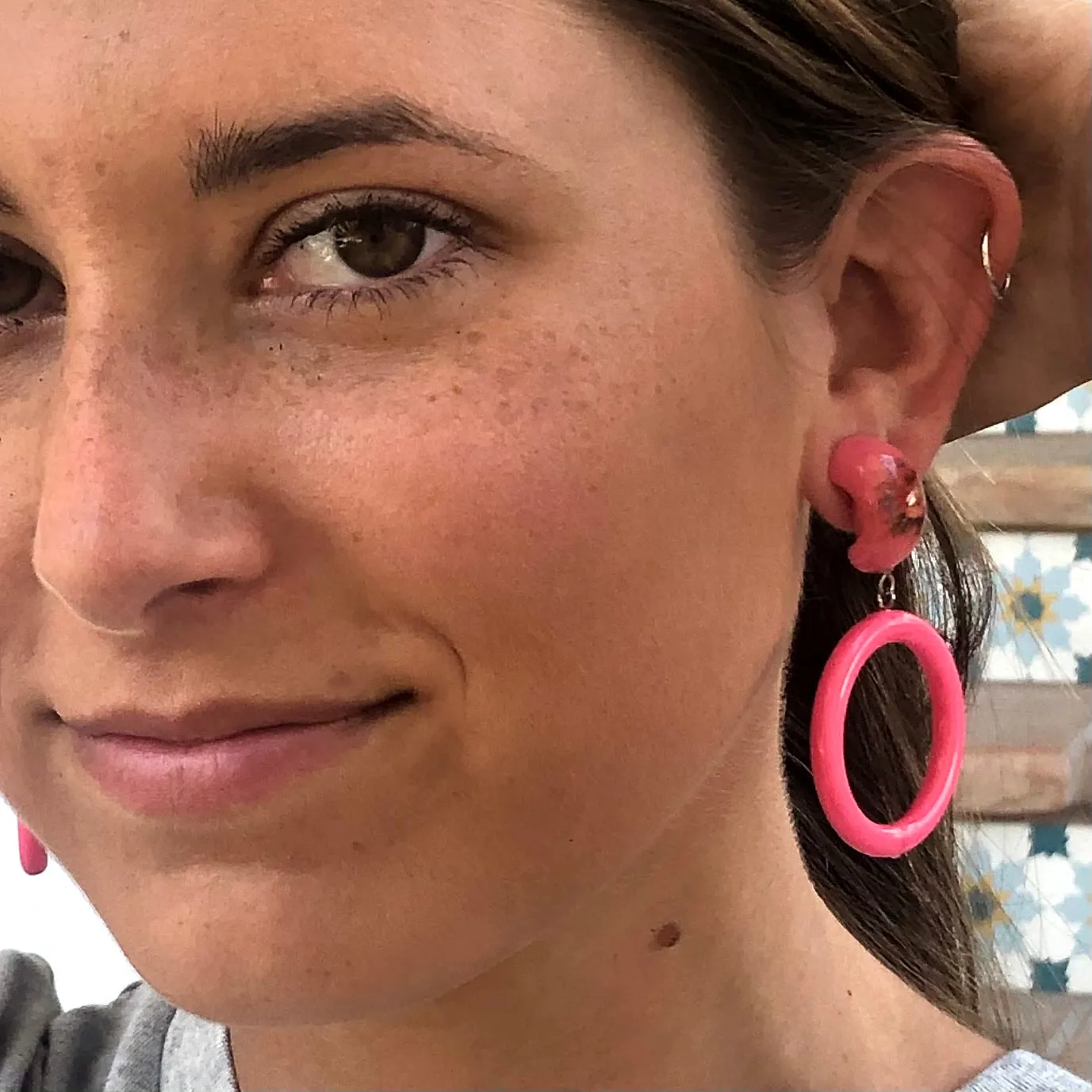 Hot Pink Flower Garden Donut Drop Earrings