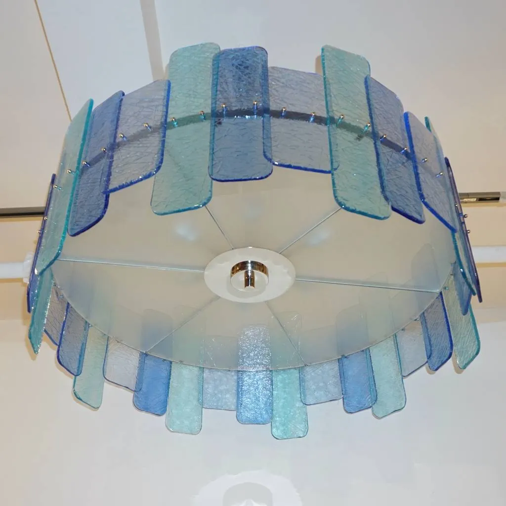 Italian Custom Aquamarine Cobalt Blue Texture Murano Glass Chandelier/Flushmount