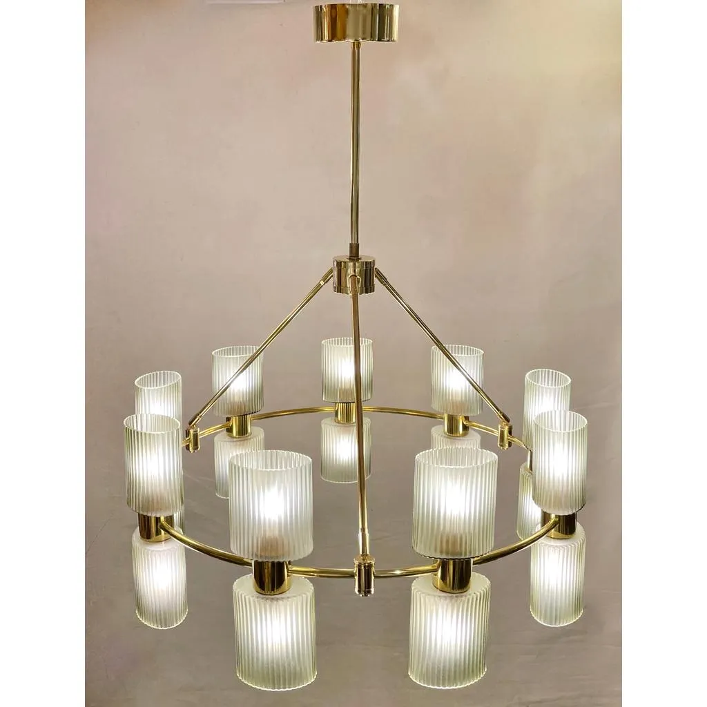 Italian Mid-Century Modern Design Smoked Green Murano Glass Brass Chandelier