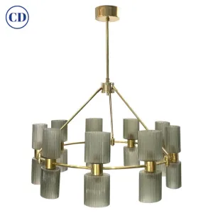 Italian Mid-Century Modern Design Smoked Green Murano Glass Brass Chandelier