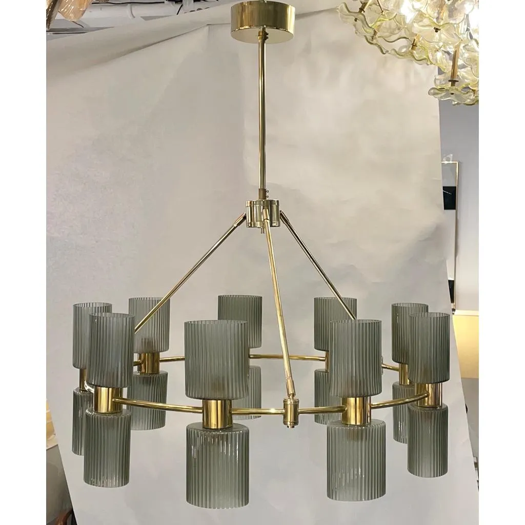 Italian Mid-Century Modern Design Smoked Green Murano Glass Brass Chandelier