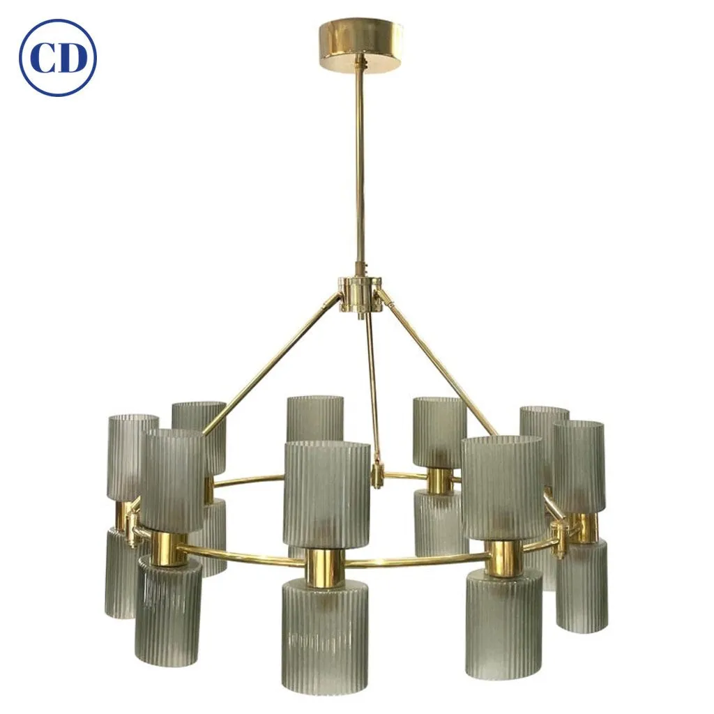 Italian Mid-Century Modern Design Smoked Green Murano Glass Brass Chandelier