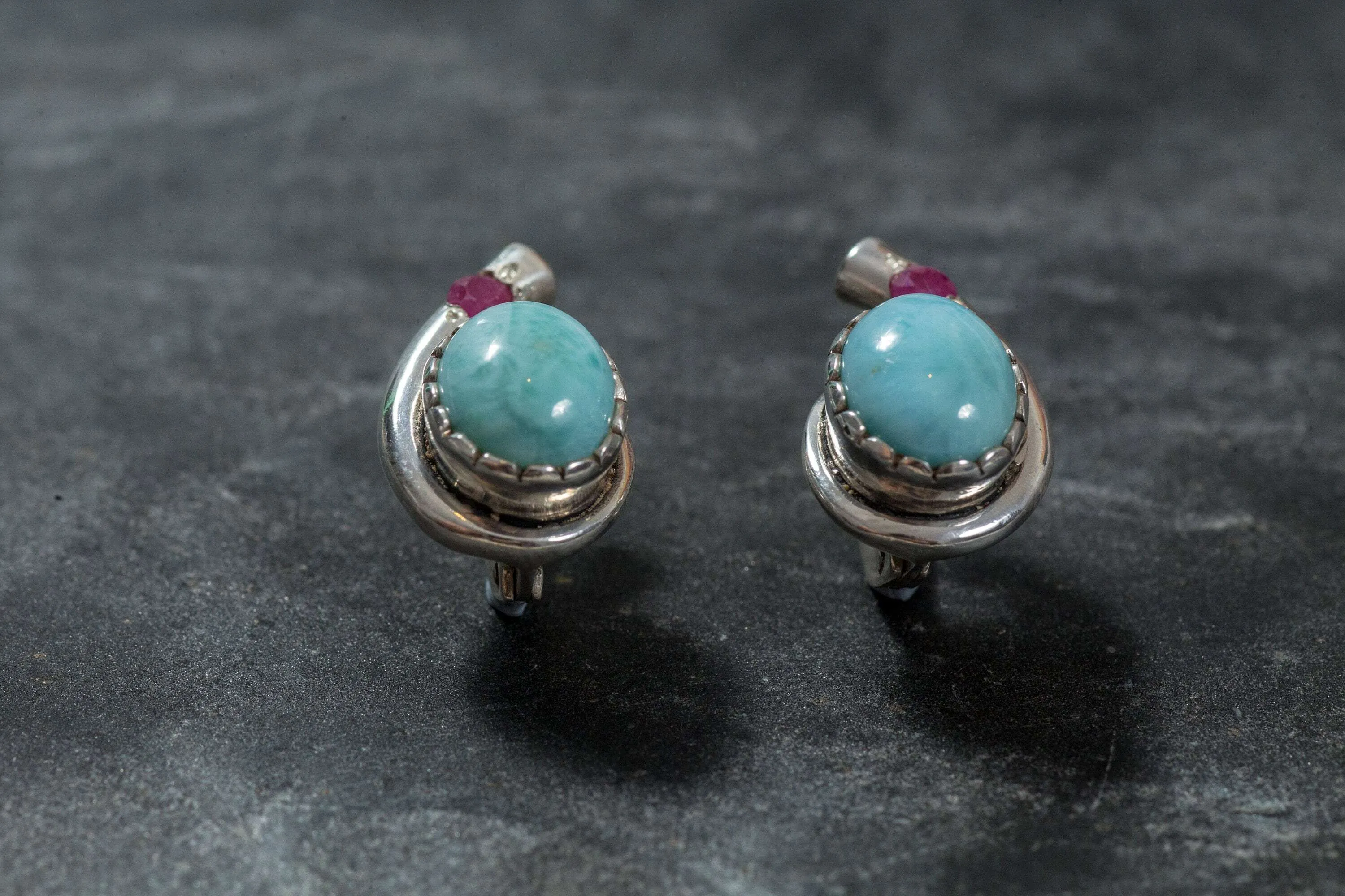 Larimar Earrings - Blue Oval Studs - Vintage Ruby Studs