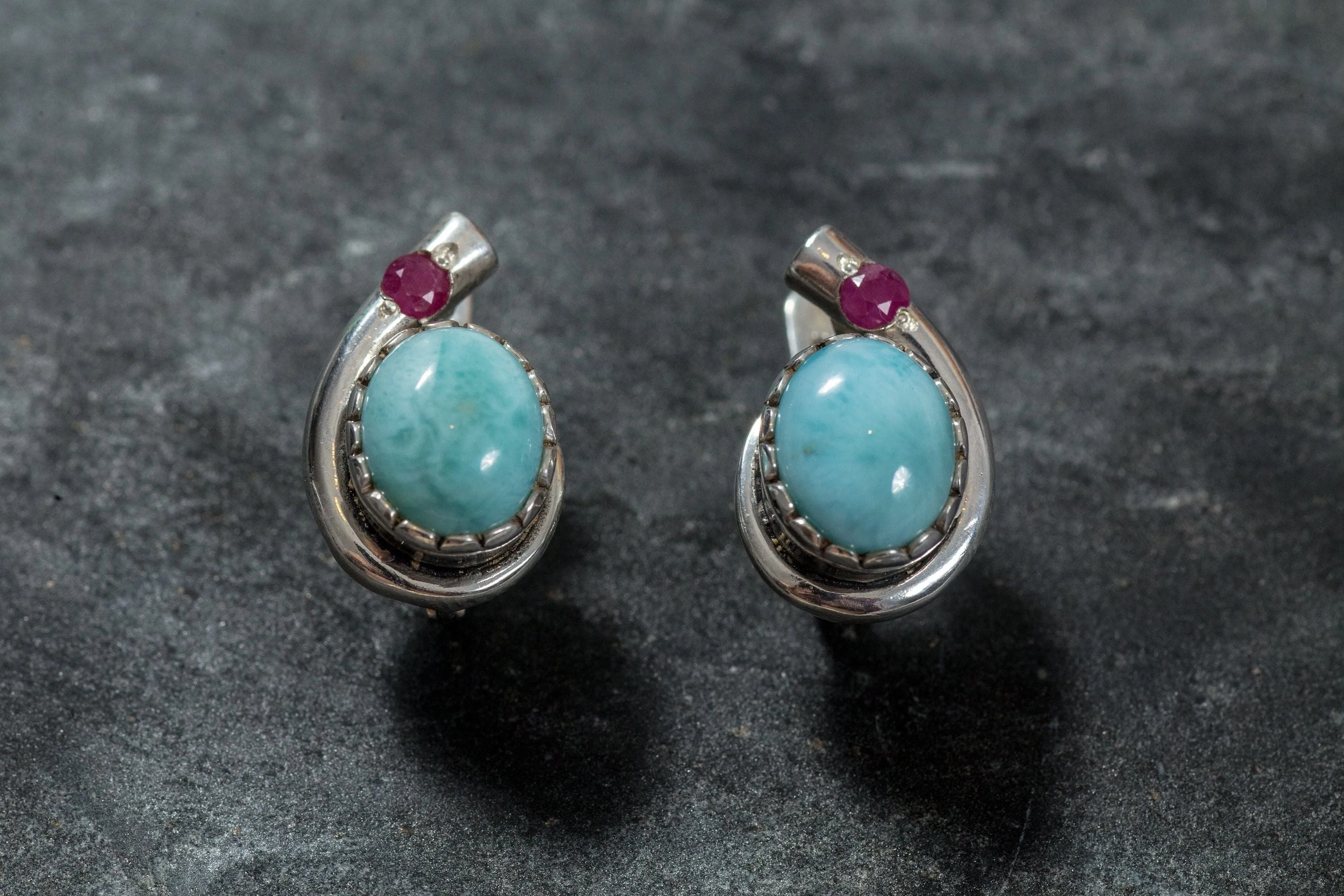 Larimar Earrings - Blue Oval Studs - Vintage Ruby Studs