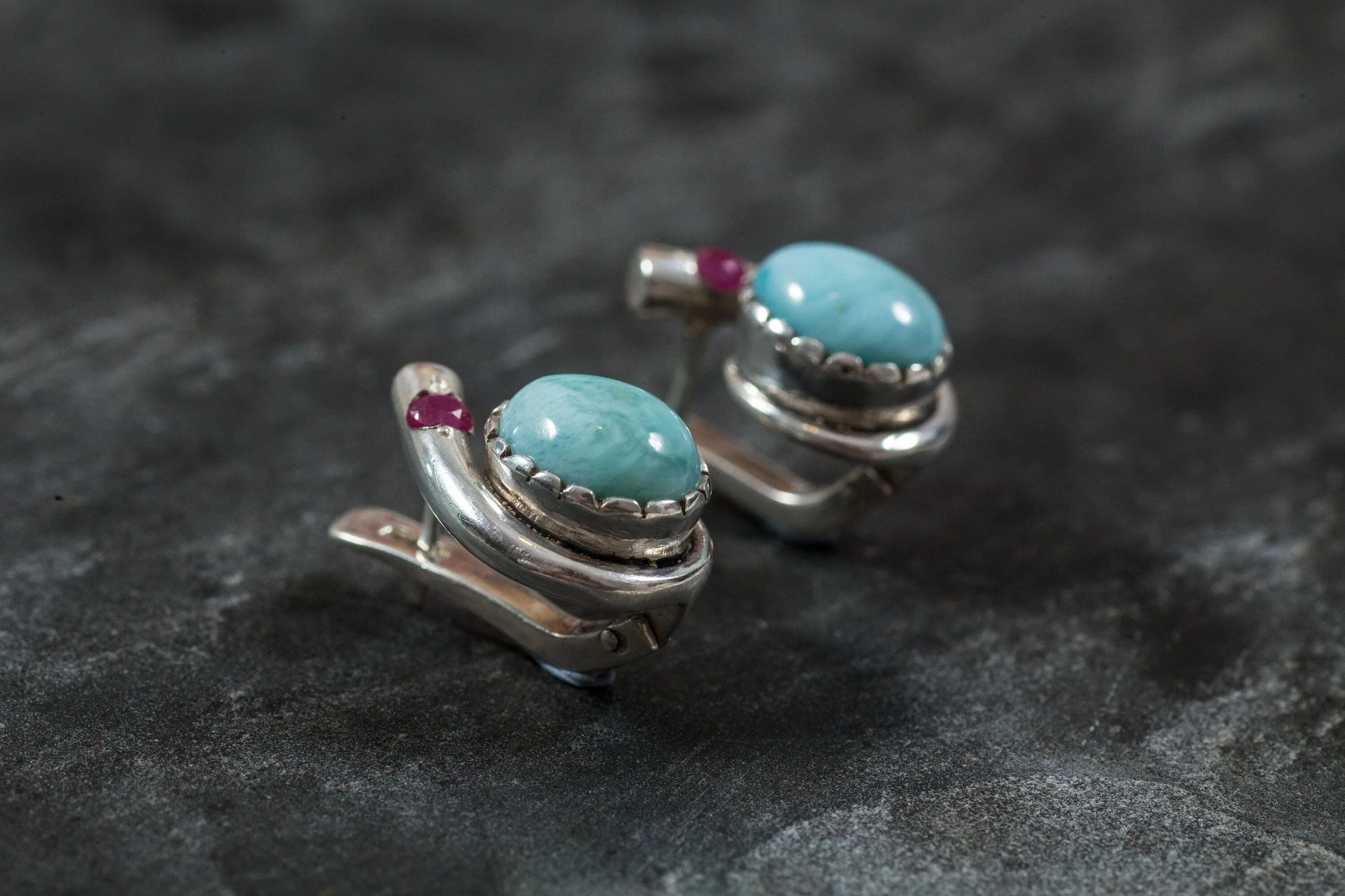 Larimar Earrings - Blue Oval Studs - Vintage Ruby Studs