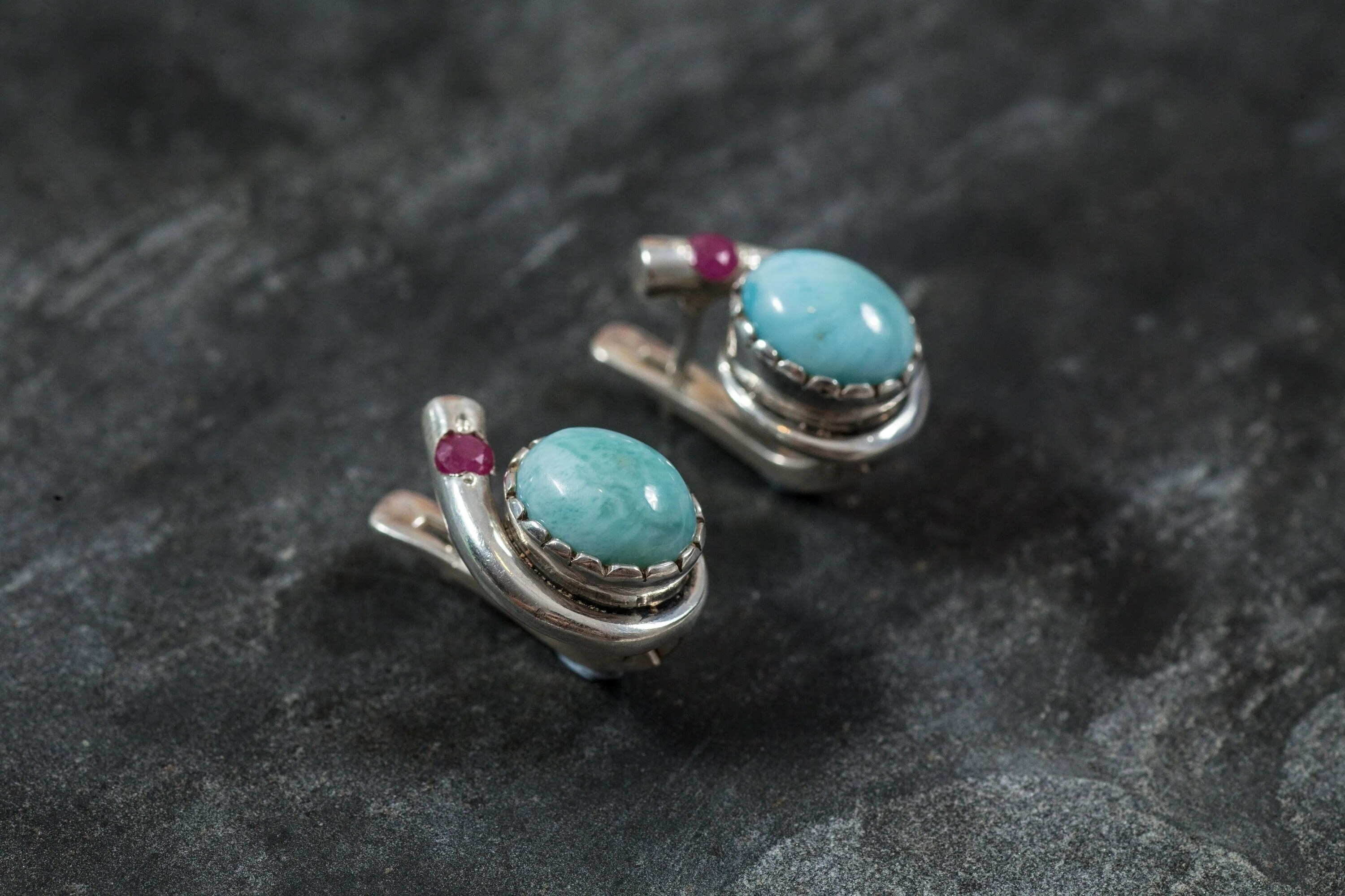 Larimar Earrings - Blue Oval Studs - Vintage Ruby Studs