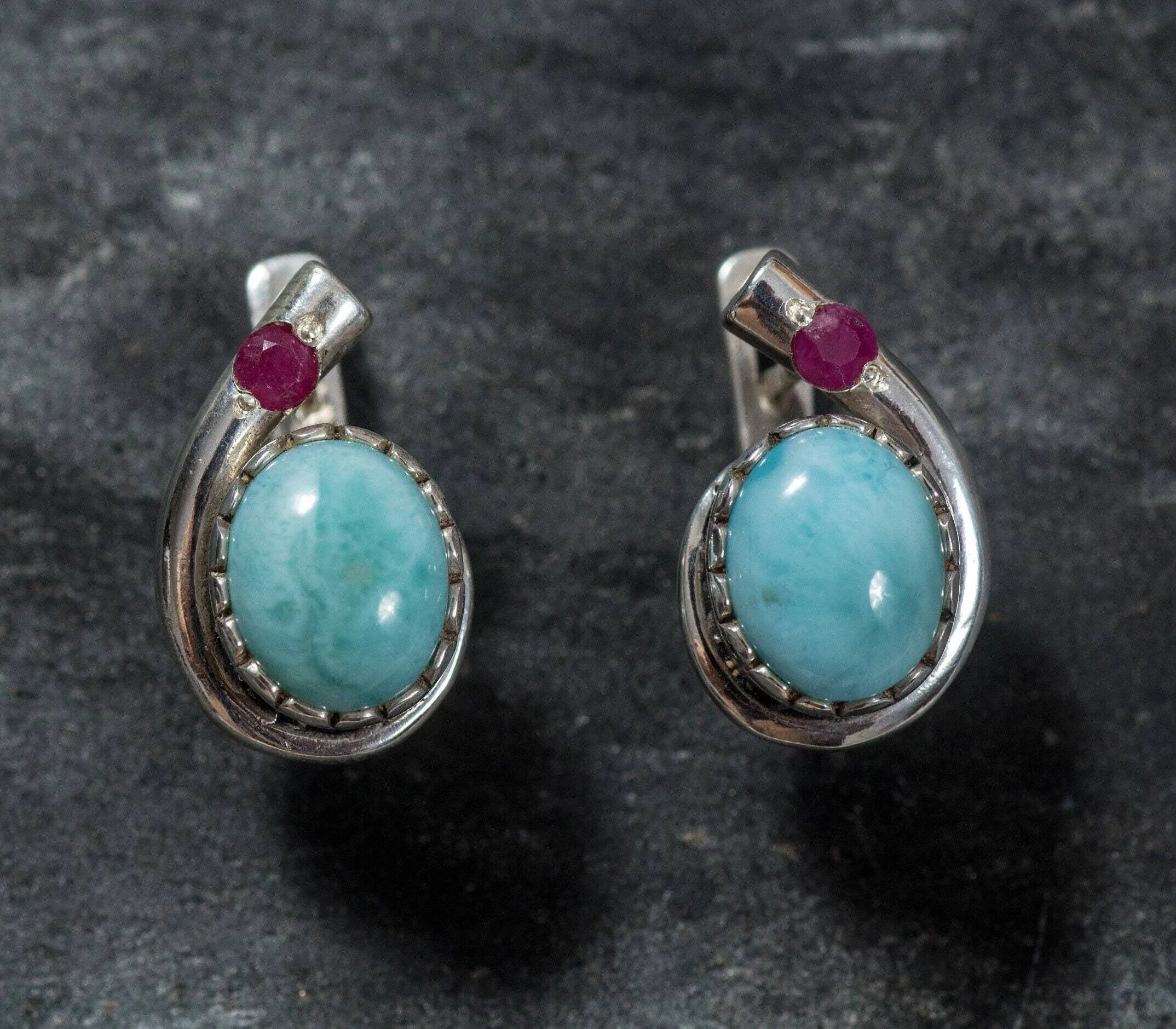 Larimar Earrings - Blue Oval Studs - Vintage Ruby Studs