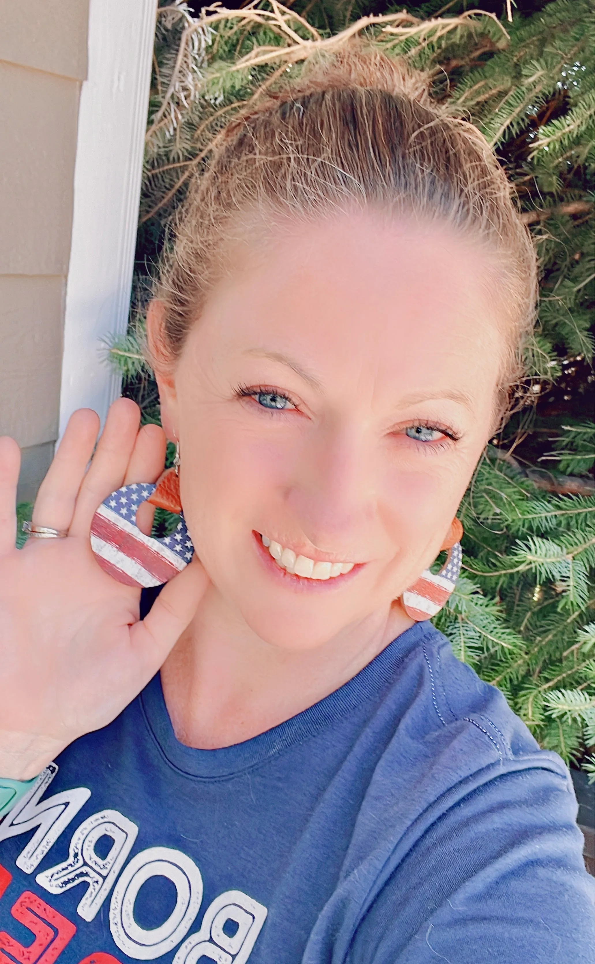 Leather Wrapped Round Wooden American Flag Earrings