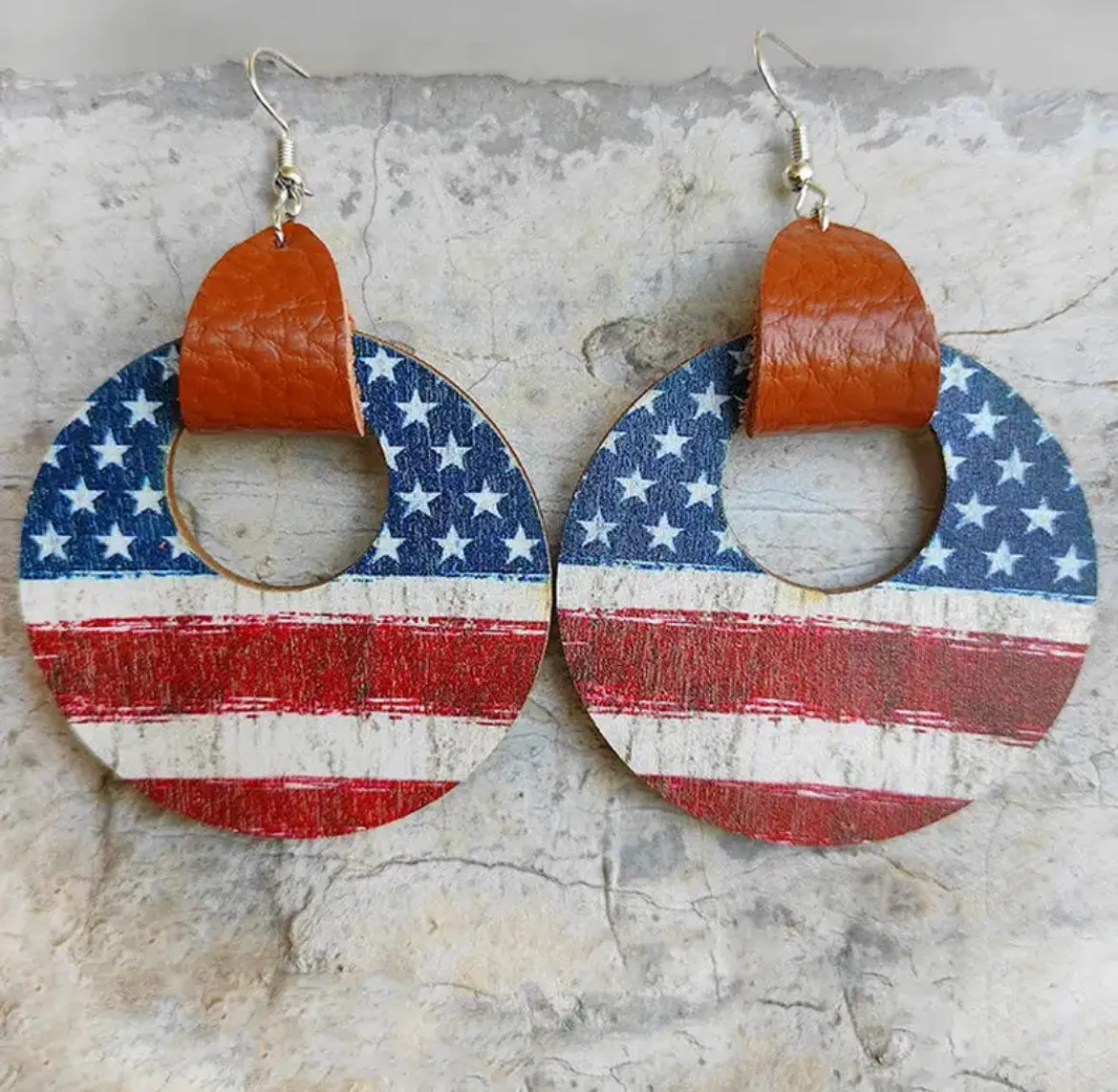 Leather Wrapped Round Wooden American Flag Earrings